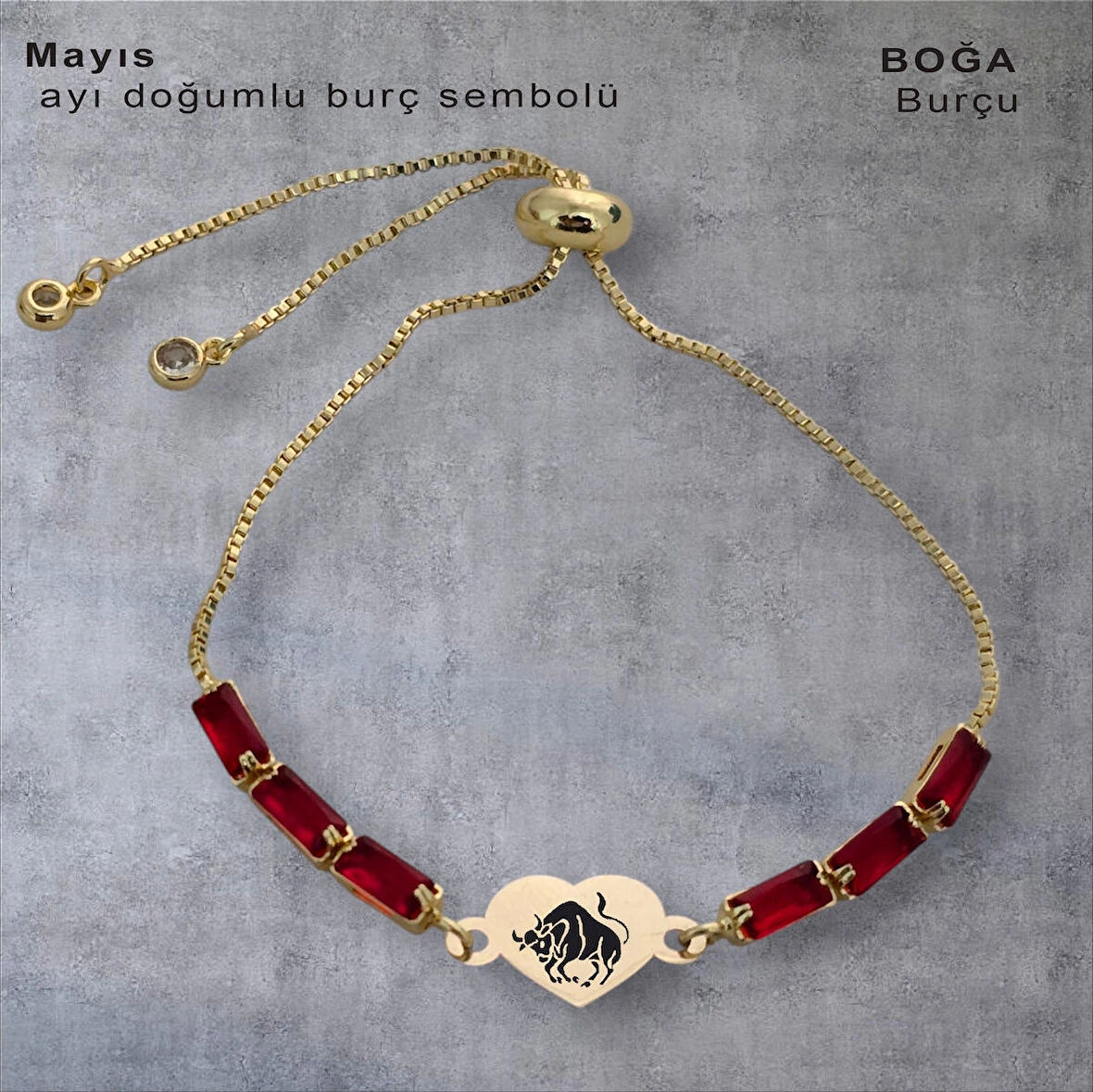 Doğanın En Güzel Zamanı Kalp Motifli Kırmızı Taşlı 14 Ayar Altın Plakalı Mayıs Bilekliği