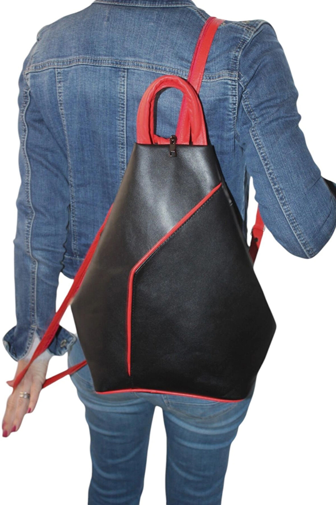 Hakiki Deri Kadın Sırt Ve Omuz Çantası Vazo Model Siyah, Kırmızı Detaylı 