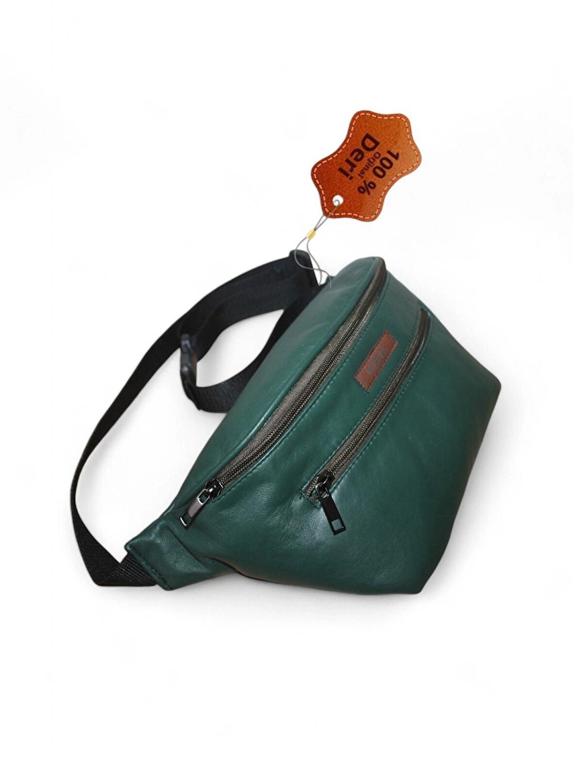 Hakiki Deri Koyu Yeşil Bel Çantası 