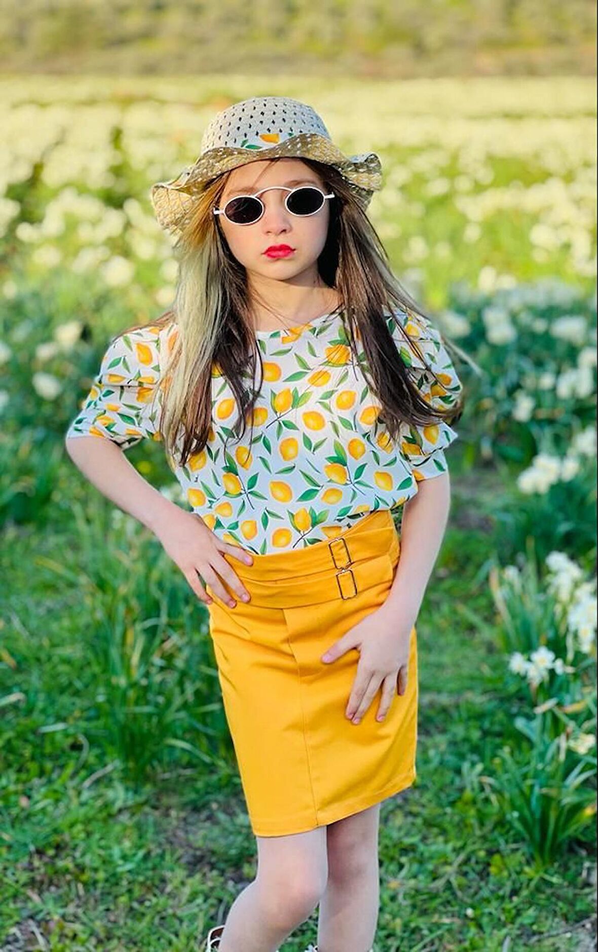 Minigimin Cicileri Kız Çocuk Bluz Etek Şapka Takım Yellow Lemon