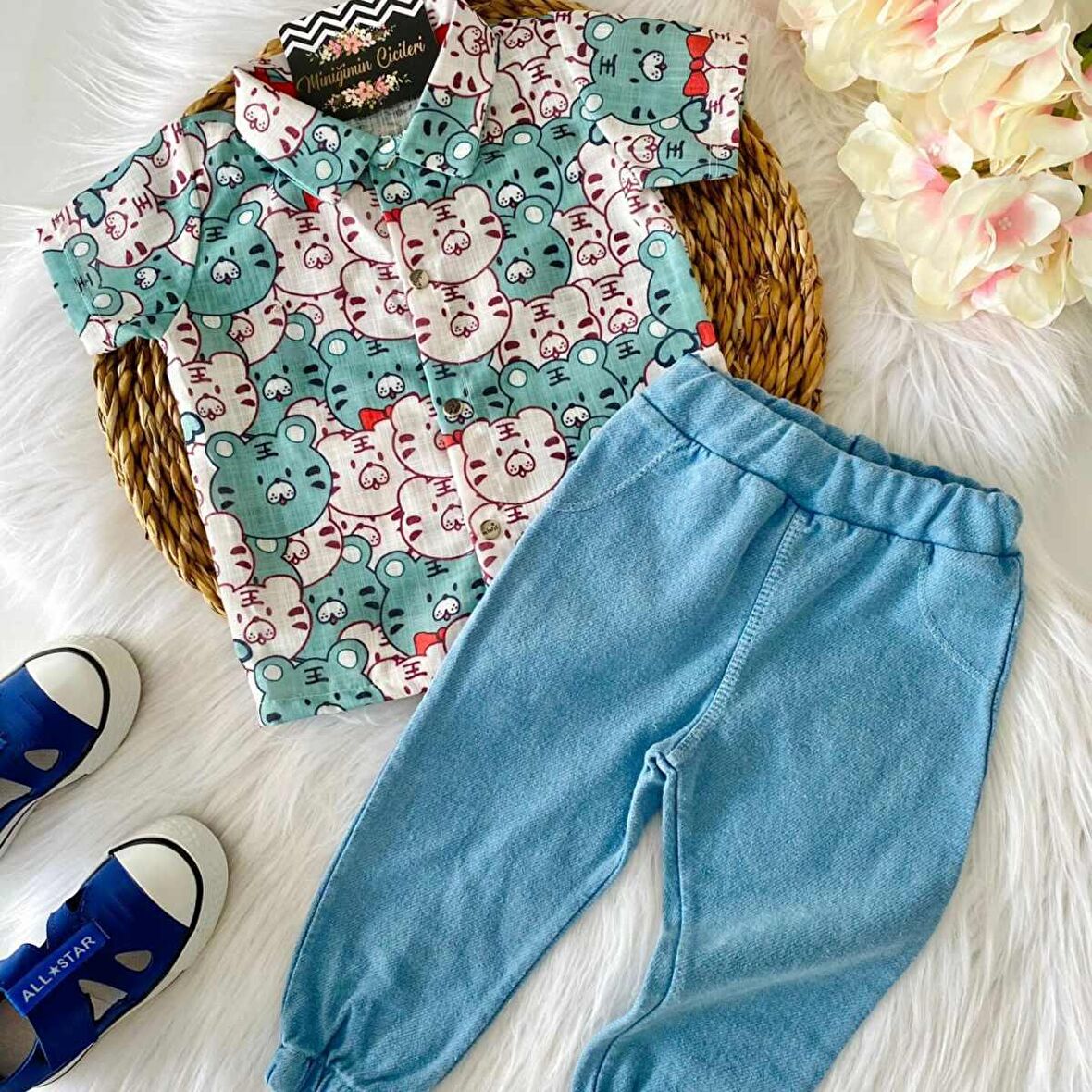 Miniğimincicileri Baby bu sevimli karakterli gömlekli şık bebek takım - yeşil