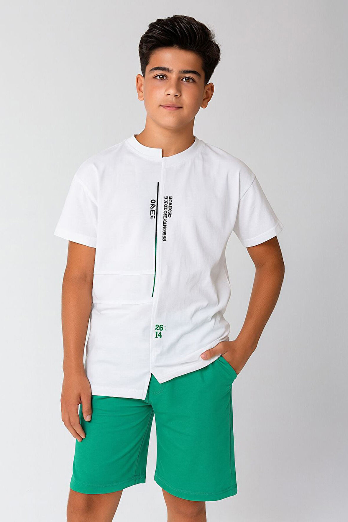 Miniğimin Cicileri 7-14 yaş şortlu detaylı oversize erkek çocuk takım - Yeşil