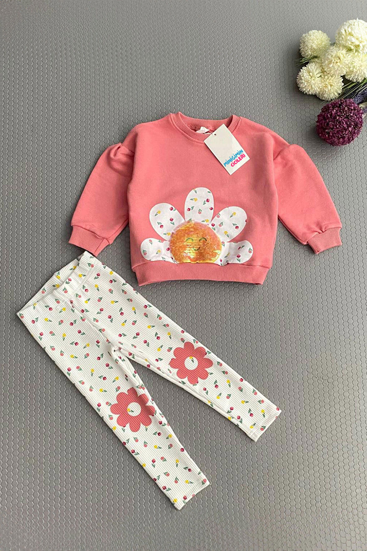 Miniğimin Cicileri Papatya Desenli Taytlı Kız Takım - Pembe