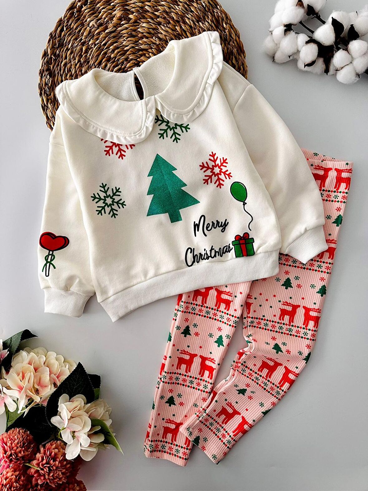 Miniğimin Cicileri Mary Crismas Yılbaşı konsept Taytlı Kız Çocuk Takım - Krem