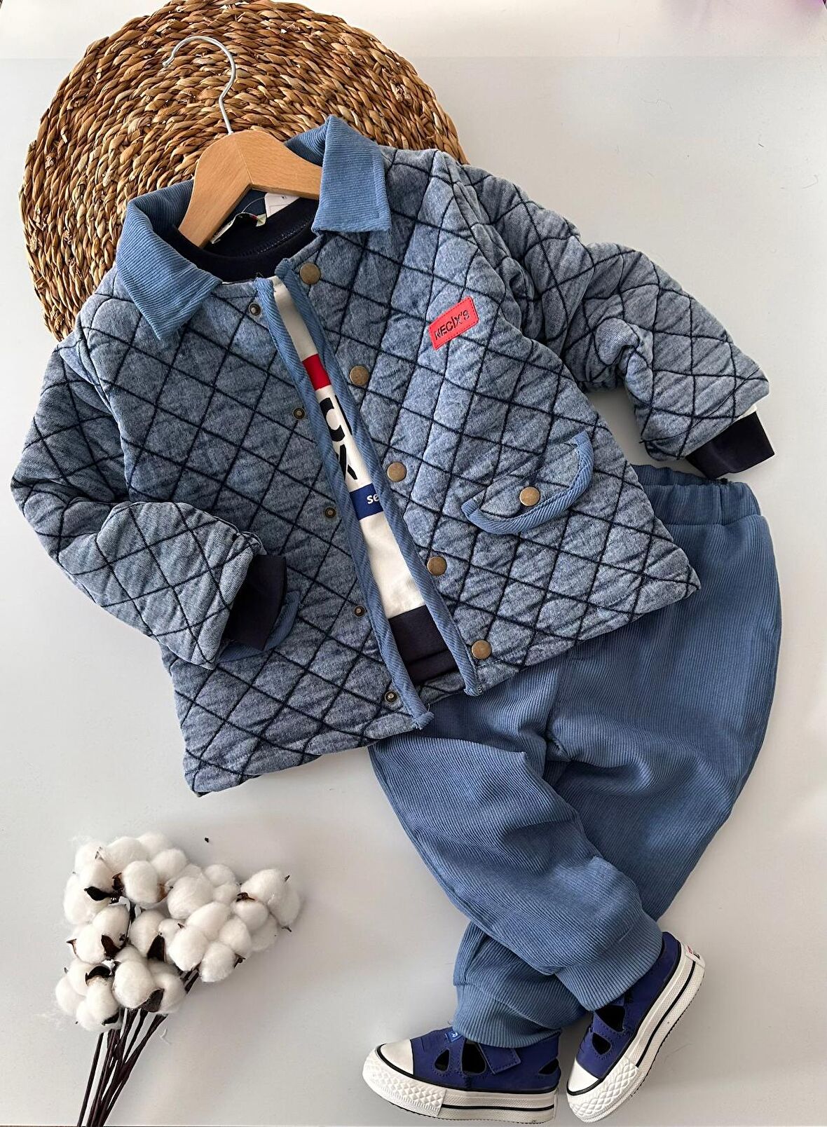 Miniğimin Cicileri İçi Kadife Astarlı Kot Kapitone Mont ve Kadife Pantolon 3 lü Erkek Çocuk Takım - Mavi