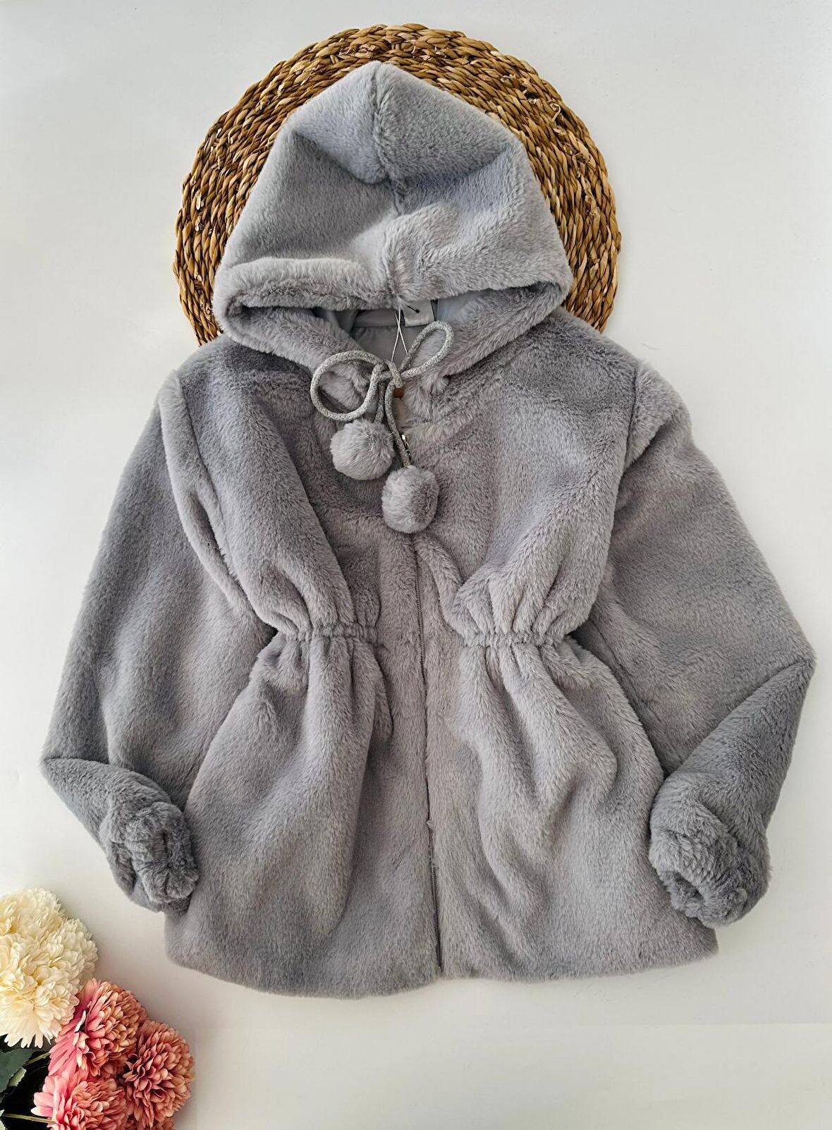 Miniğimin Cicileri Pelüş Kız Çocuk Kapüşonlu Kız Çocuk Mont - Duman