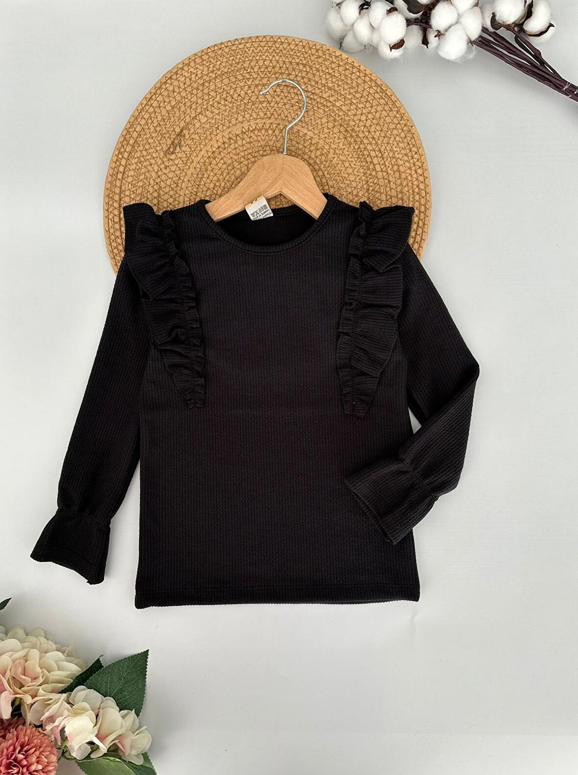 Miniğimin Cicileri Fırfır Yakalı Fitilli Kız Çocuk Sweat - Siyah