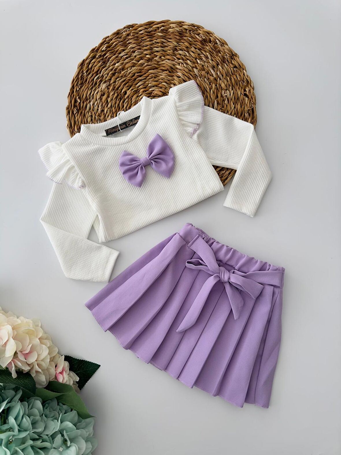 Miniğimin Cicileri Fiyonk Detaylı Pileli Etek Kız Çocuk Takım - Leylak