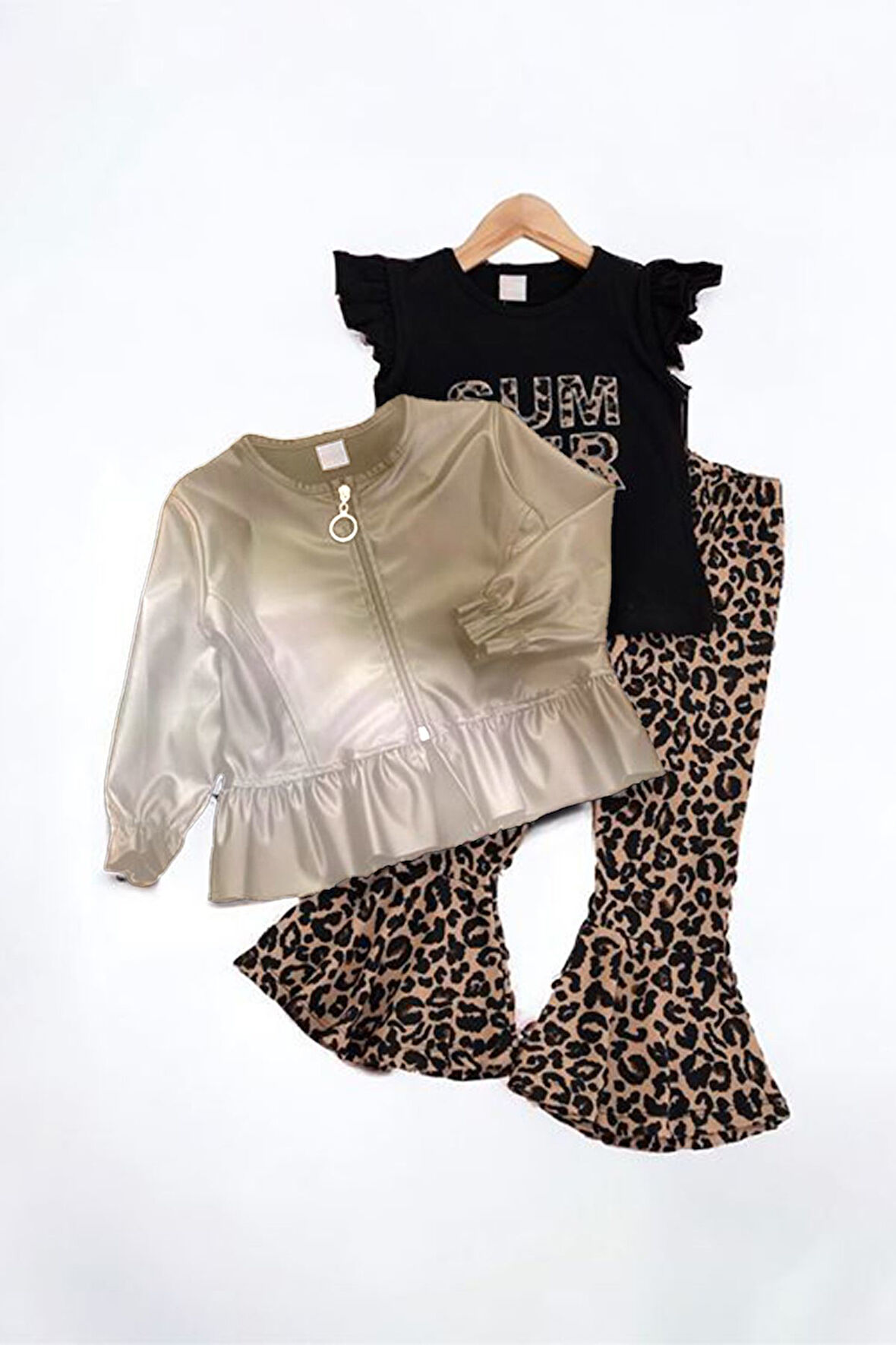 Miniğimin Cicileri Deri Ceketli Summer Leopar Pantolon 3 lü Kız Çocuk Takım - Camel