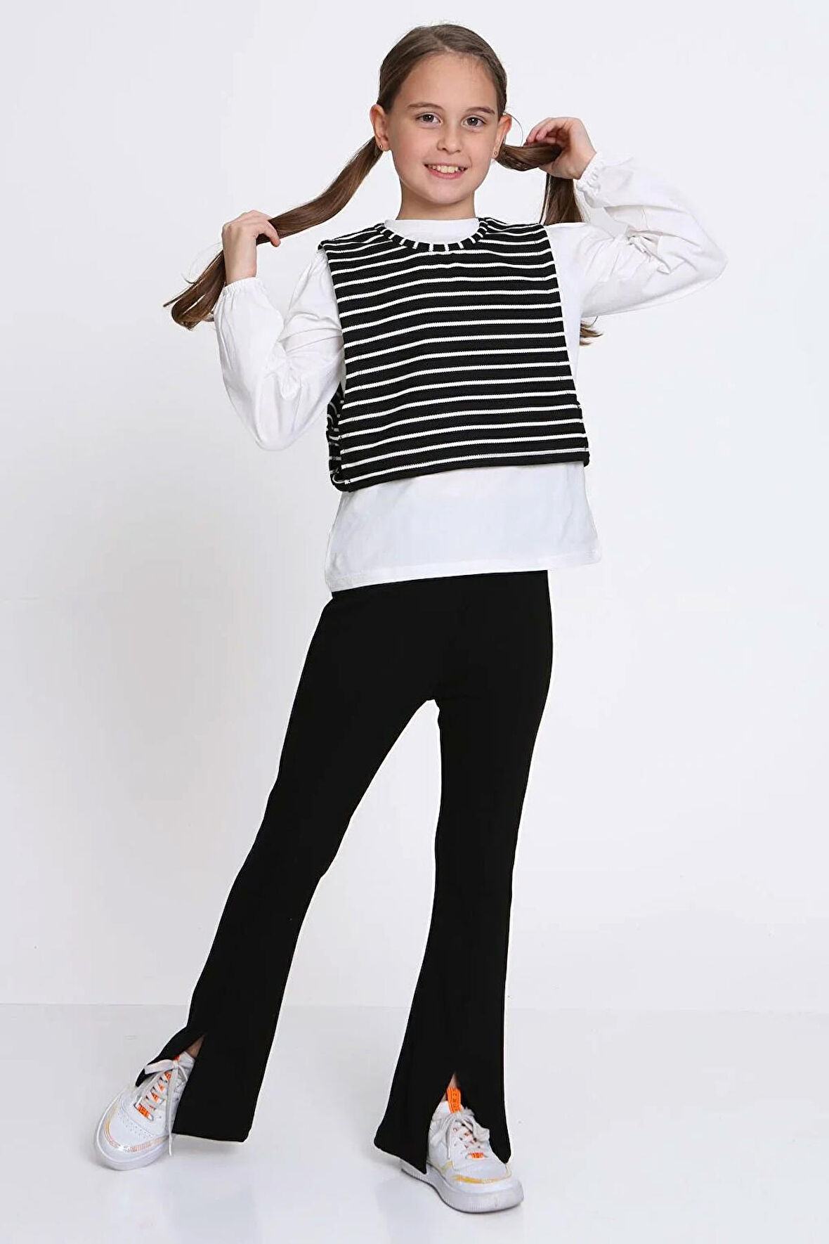 Miniğimin Cicileri Çizgili Yelekli Yırtmaçlı Kız Çocuk 3 lü Takım