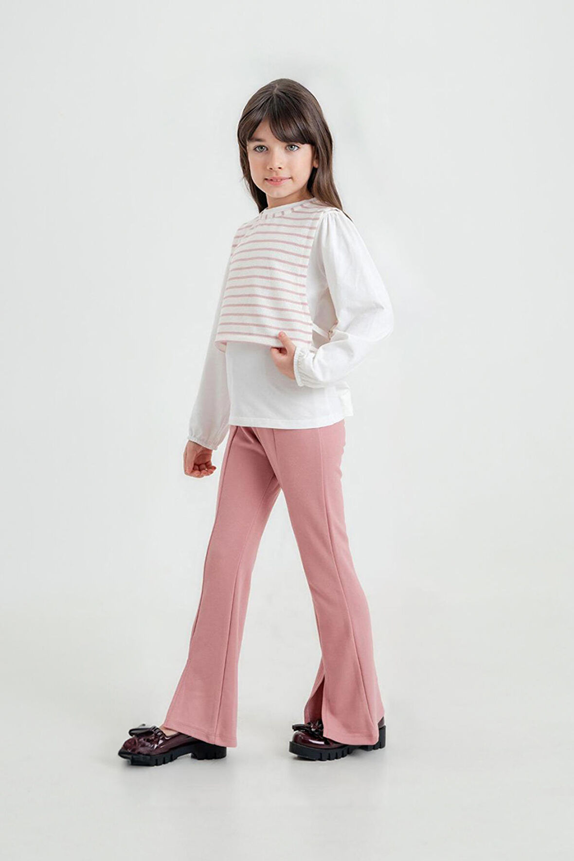 Miniğimin Cicileri Çizgili Yelekli Yırtmaçlı Kız Çocuk 3 lü Takım - Pembe