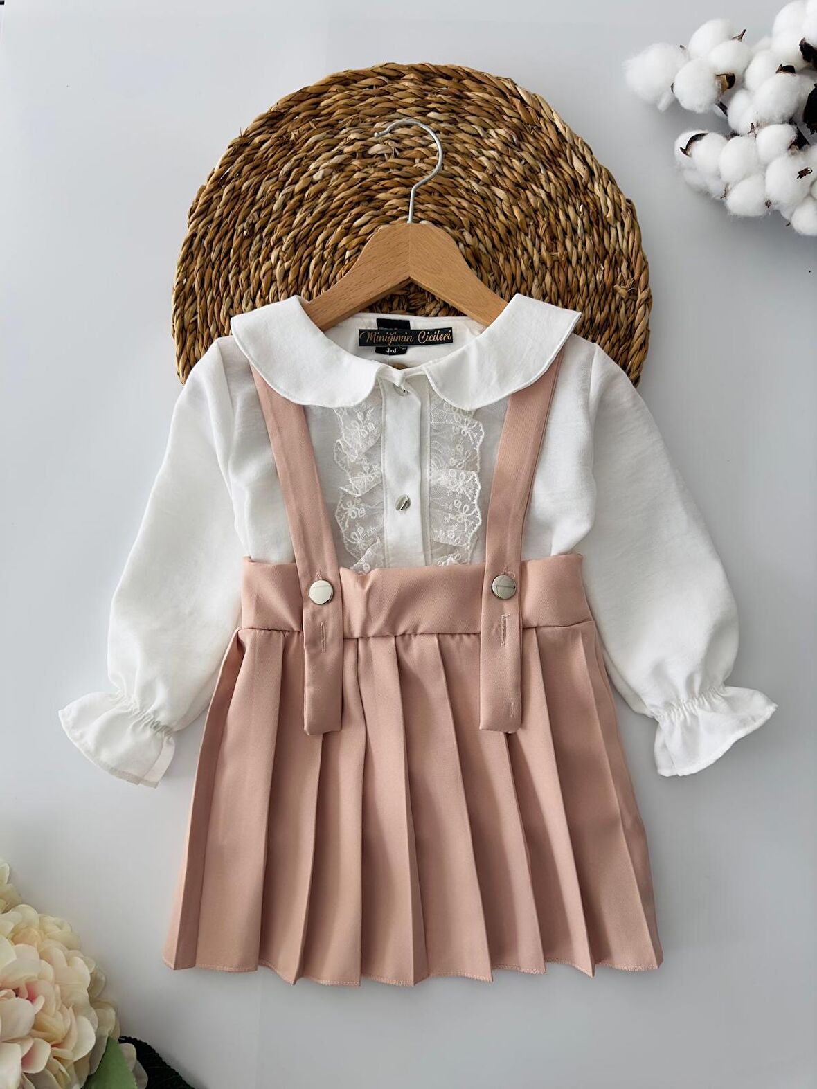Miniğimin Cicileri Pilise Etekli Dantel Detaylı Kız Çocuk 2'li Salopet Kombin - Somon