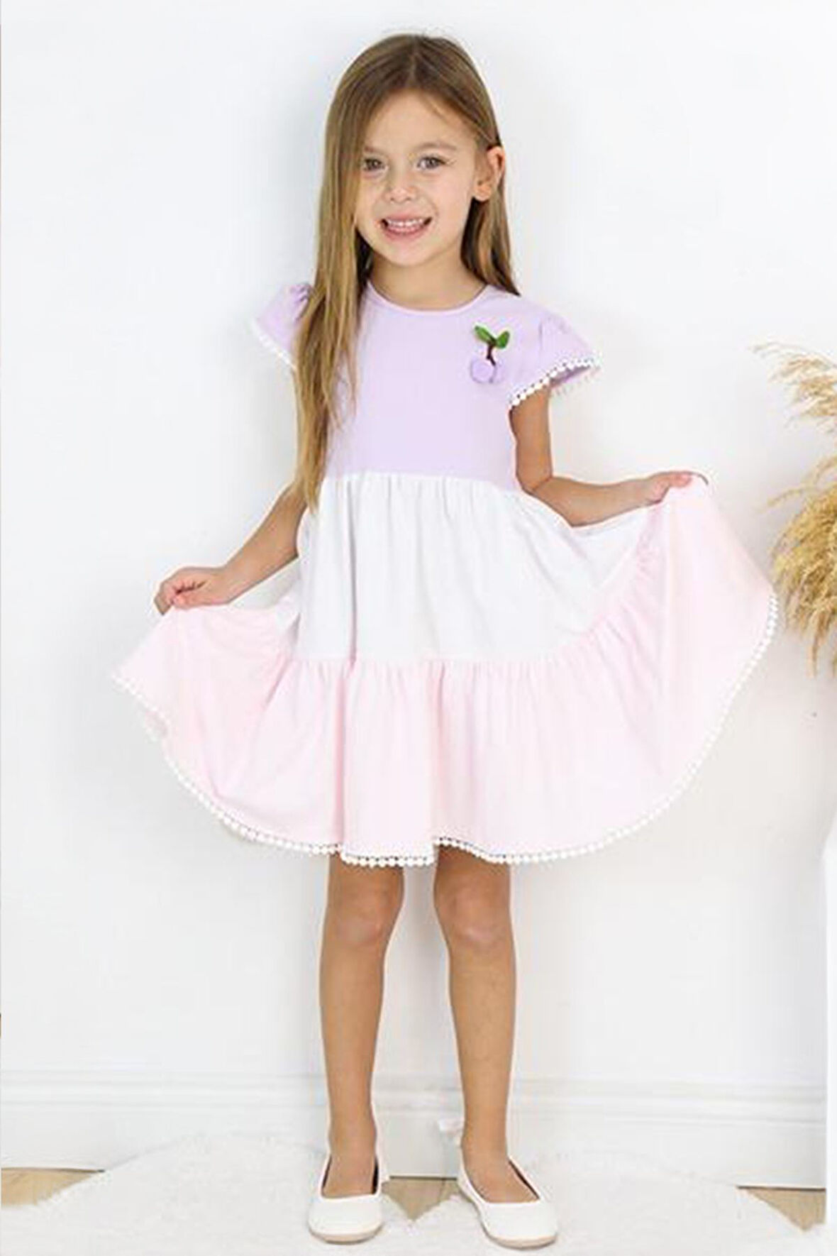 Miniğimin Cicileri Kiraz Detaylı Pamuk Koton Renkli Kız Çocuk Elbise - Lila