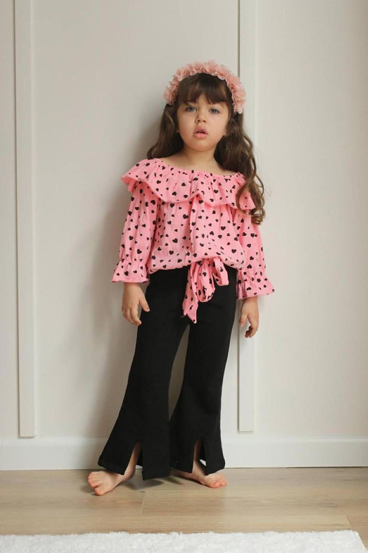 Miniğimin Cicileri Kalp Desenli Kayık Yakalı Kız Çocuk Takım - Pembe