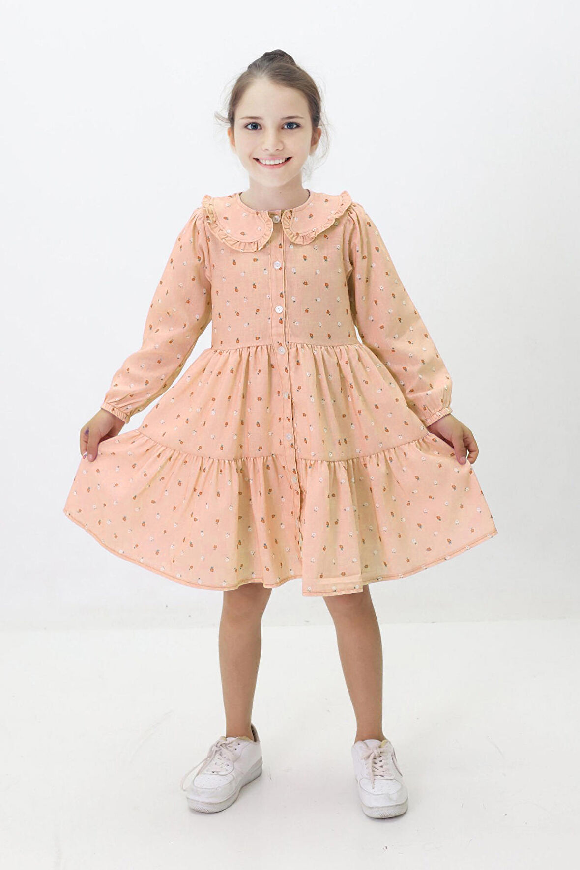 Miniğimin Cicileri Çiçek Baskılı Düğmeli Kız Çocuk Astarlı Elbise - Somon