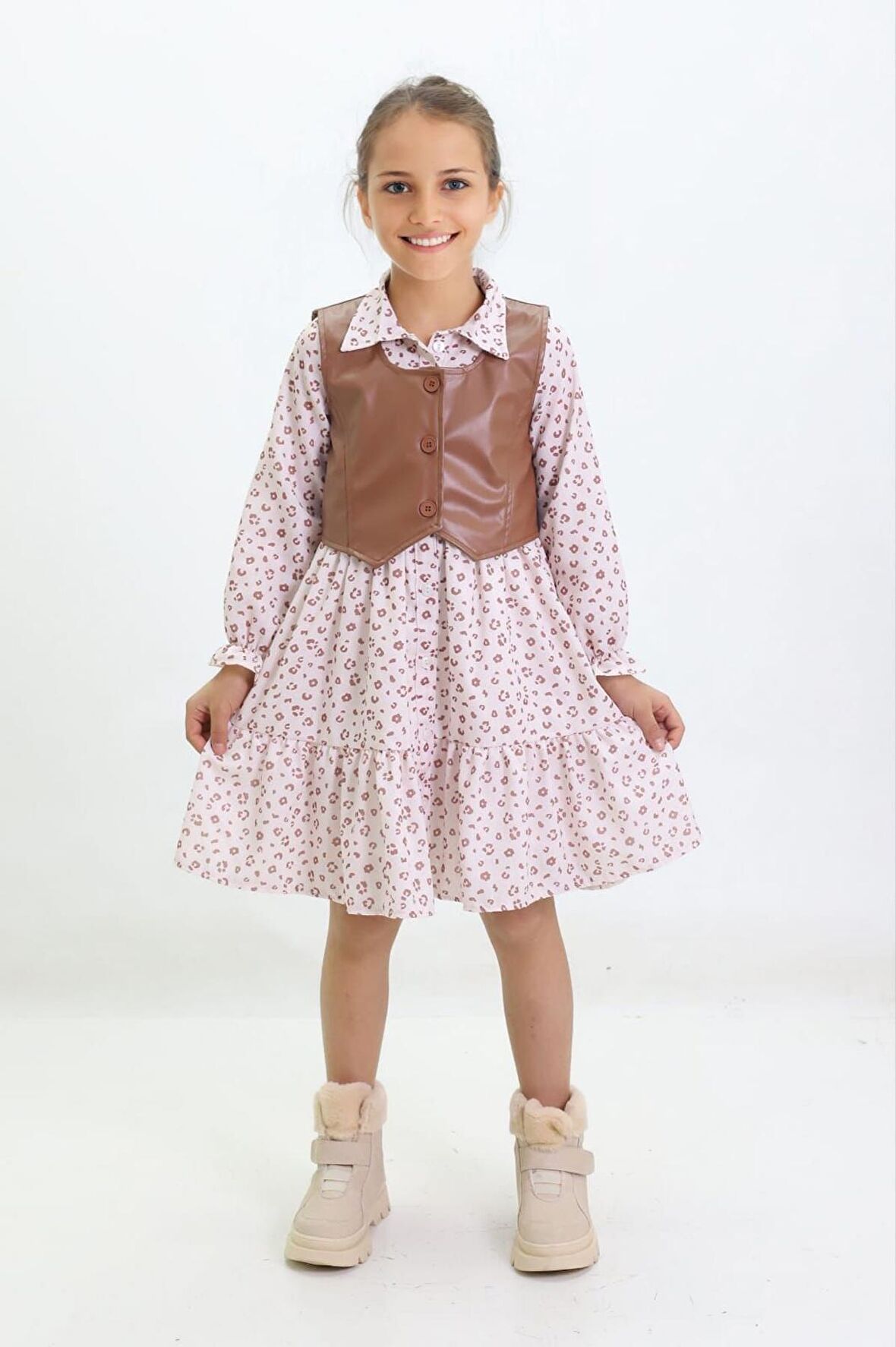 Miniğimin Cicileri Deri Yelekli Kız Çocuk Düğmeli Elbise Takım - Kahverengi
