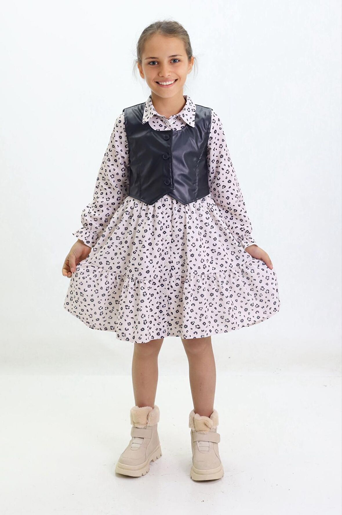 Miniğimin Cicileri Deri Yelekli Kız Çocuk Düğmeli Elbise Takım - Siyah