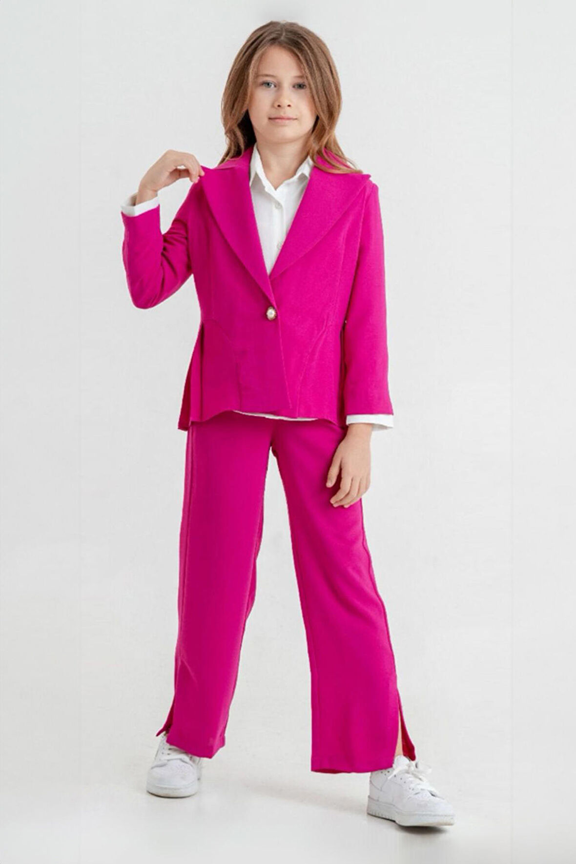 Miniğimin Cicileri Tarz Ceketli 3 lü Pilise Kız Takım - Fuşya