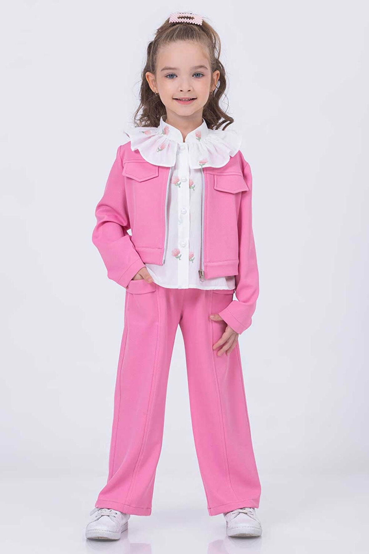 Miniğimin Cicileri Şeffaf Çantalı Lale Desen Ceketli Takım 4 lü - Pembe