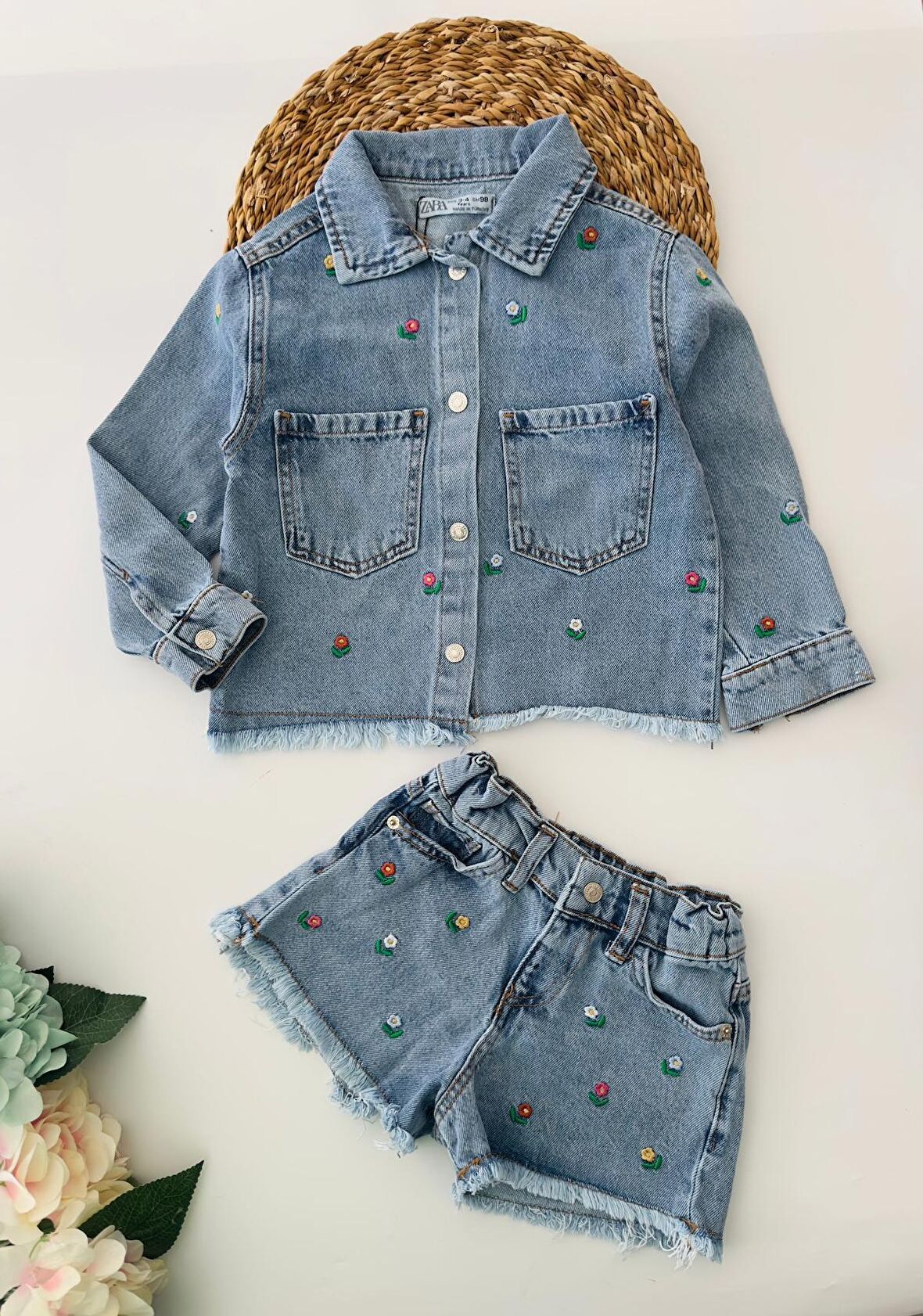 Miniğimin Cicileri Minik Çiçek İşlemeli Ceketli Şortlu 2 li Kot Takım - Açık Mavi