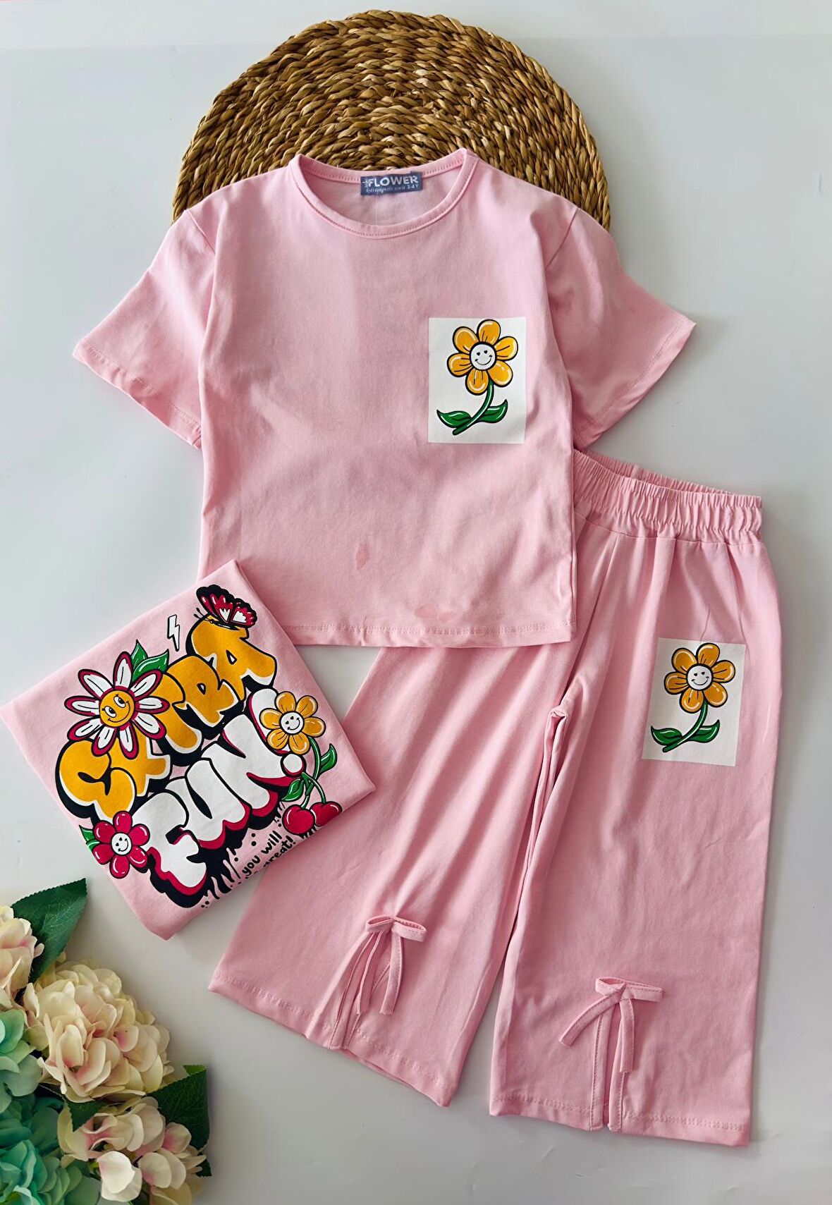 Miniğimin Cicileri Fun Arka ve ön Baskılı Yırtmaç Detaylı 2 li Takım - Pembe