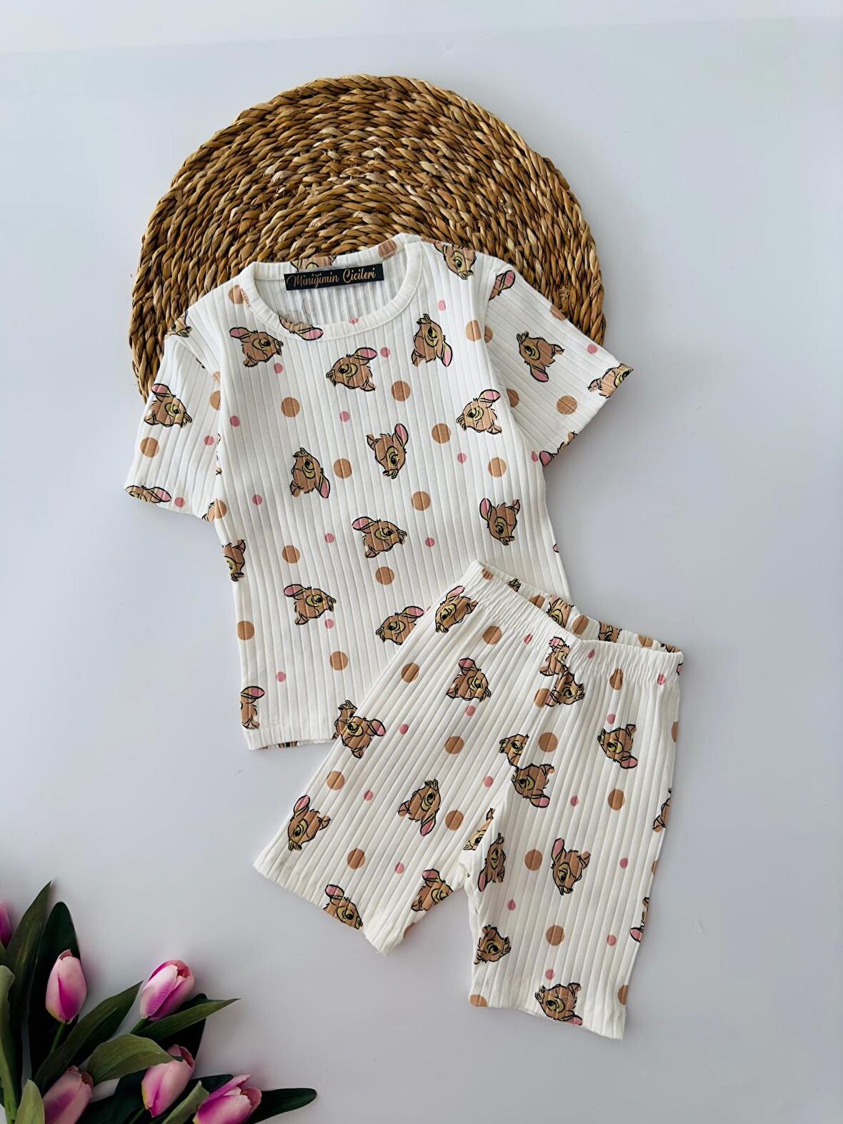 Miniğimin Cicileri Bambi Desenli Fitilli Şortlu Takım - Beyaz