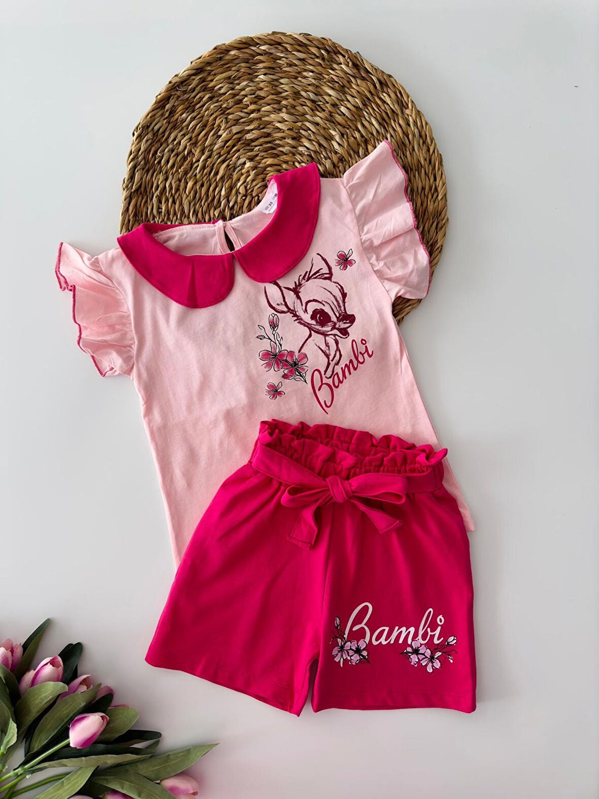 Miniğimin Cicileri Bambi Desenli Kız Çocuk Şortlu Yazlık Takım - Fuşya