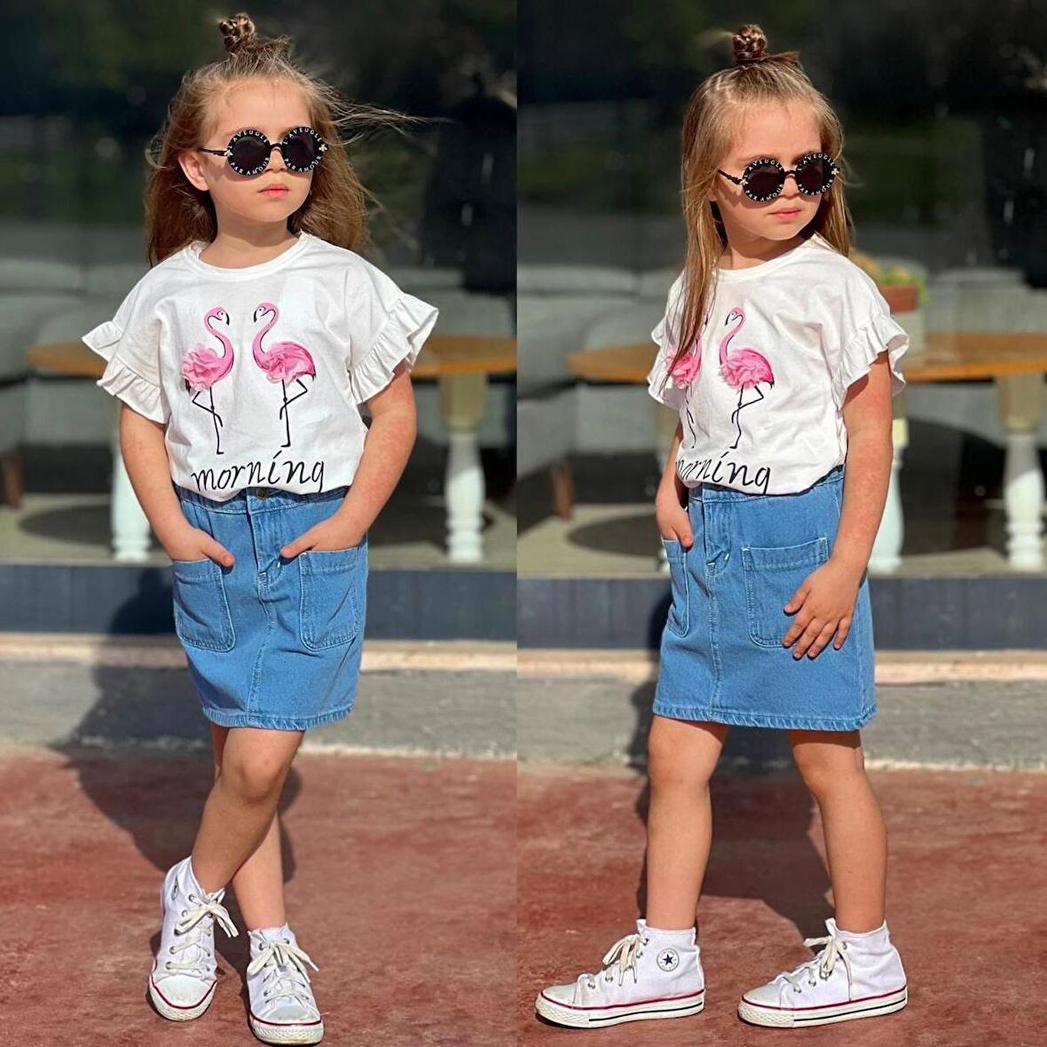 Miniğimin Cicileri Pelikan Baskılı Süprem Kot Etekli Kız Çocuk Takım - Ekru