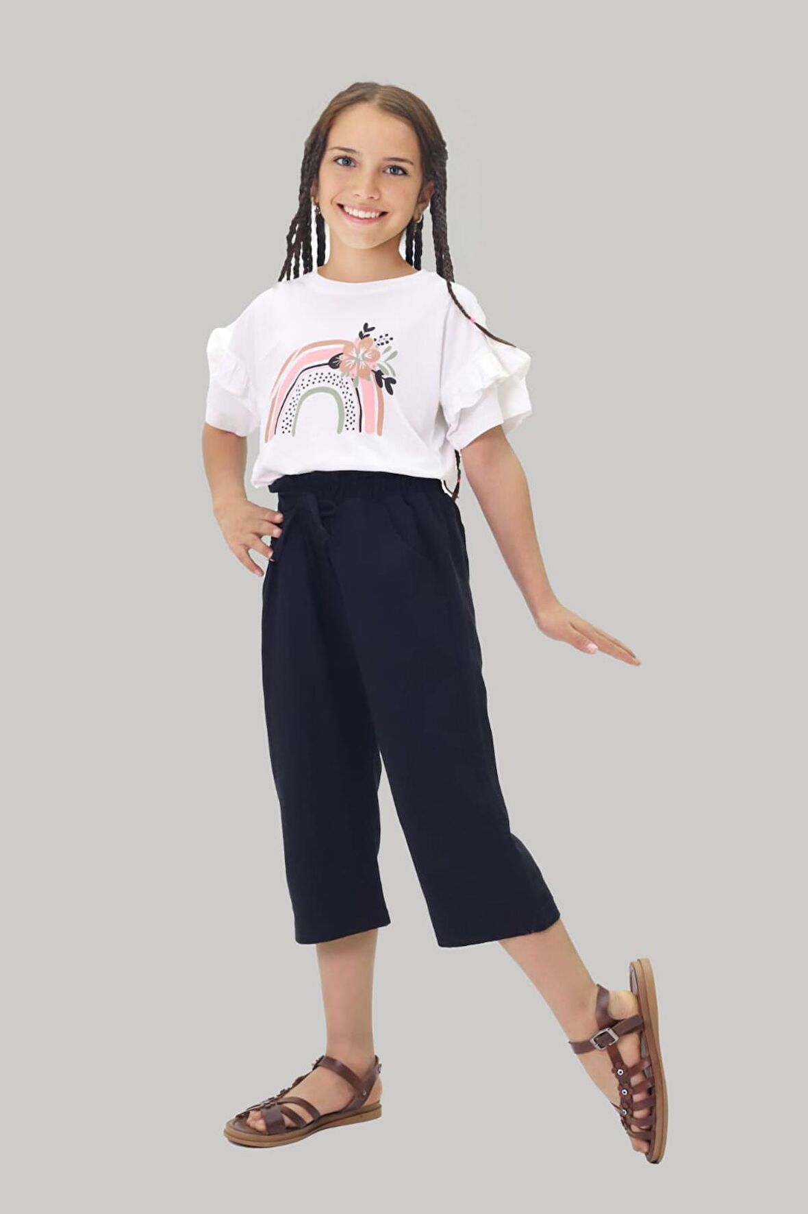 Miniğimin Cicileri Kapri Çiçekli Gabardin Pantolonlu Kız Çocuk Takım - Siyah