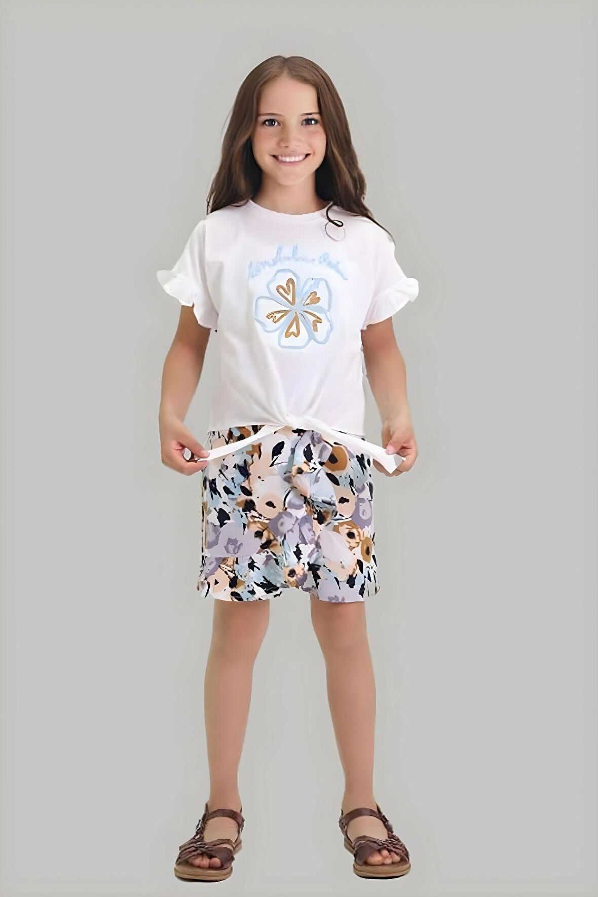 Miniğimin Cicileri Çiçek Nakış Desenli Bağlamalı Şortlu Kız Çocuk Şortlu Takım - Mavi