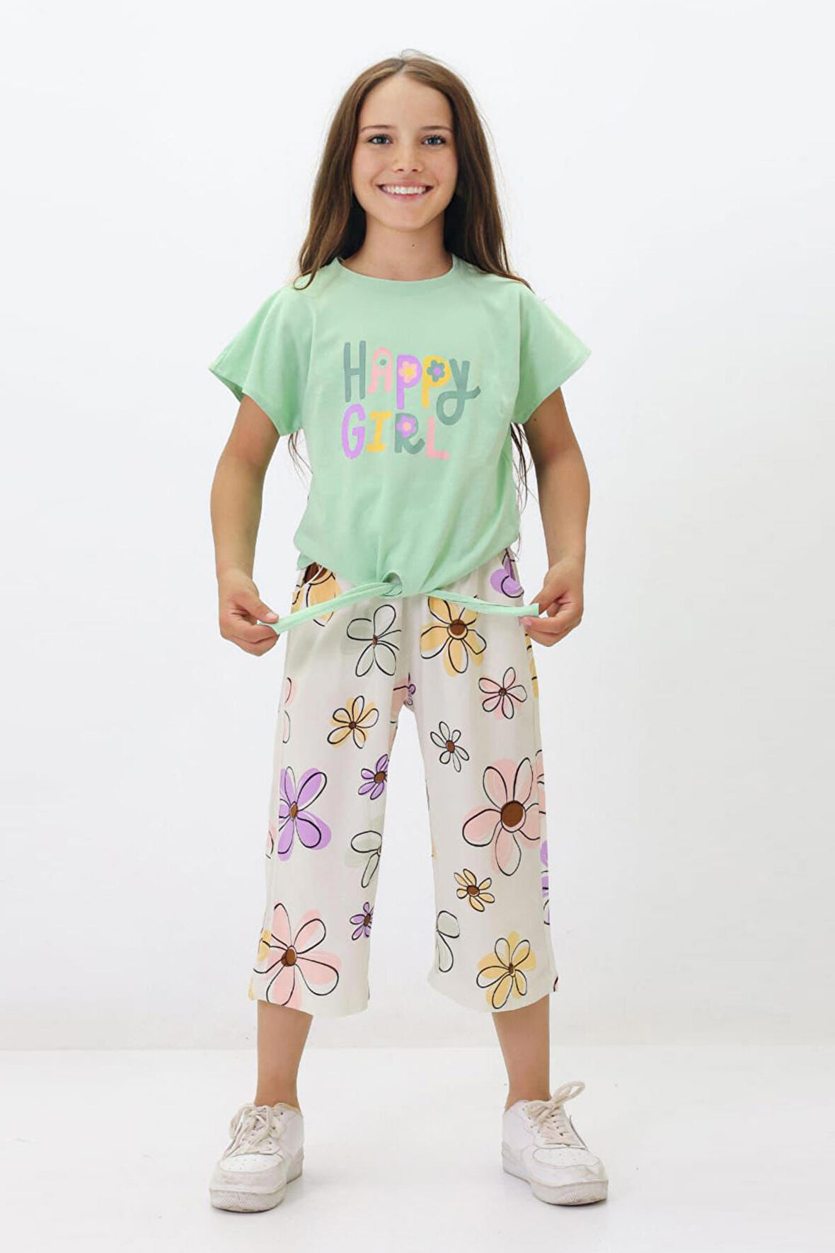 Miniğimin Cicileri Happy Girl Bermuda Papatya Desenli Kız Takım - Yeşil