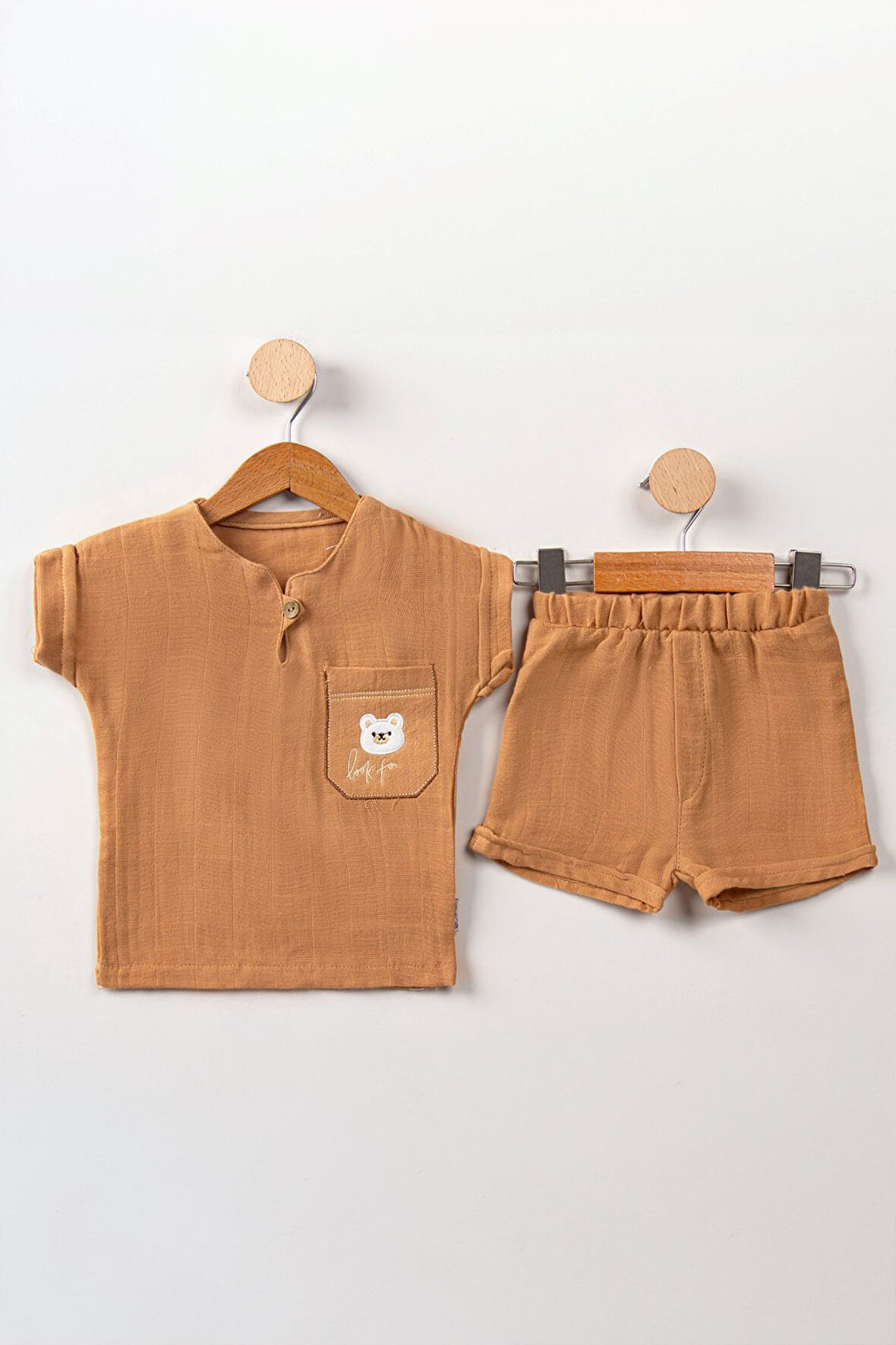 Miniğimin Cicileri Cep Nakış Bear Baby Müslüm Şortlu Erkek Bebek Takım - Kahve