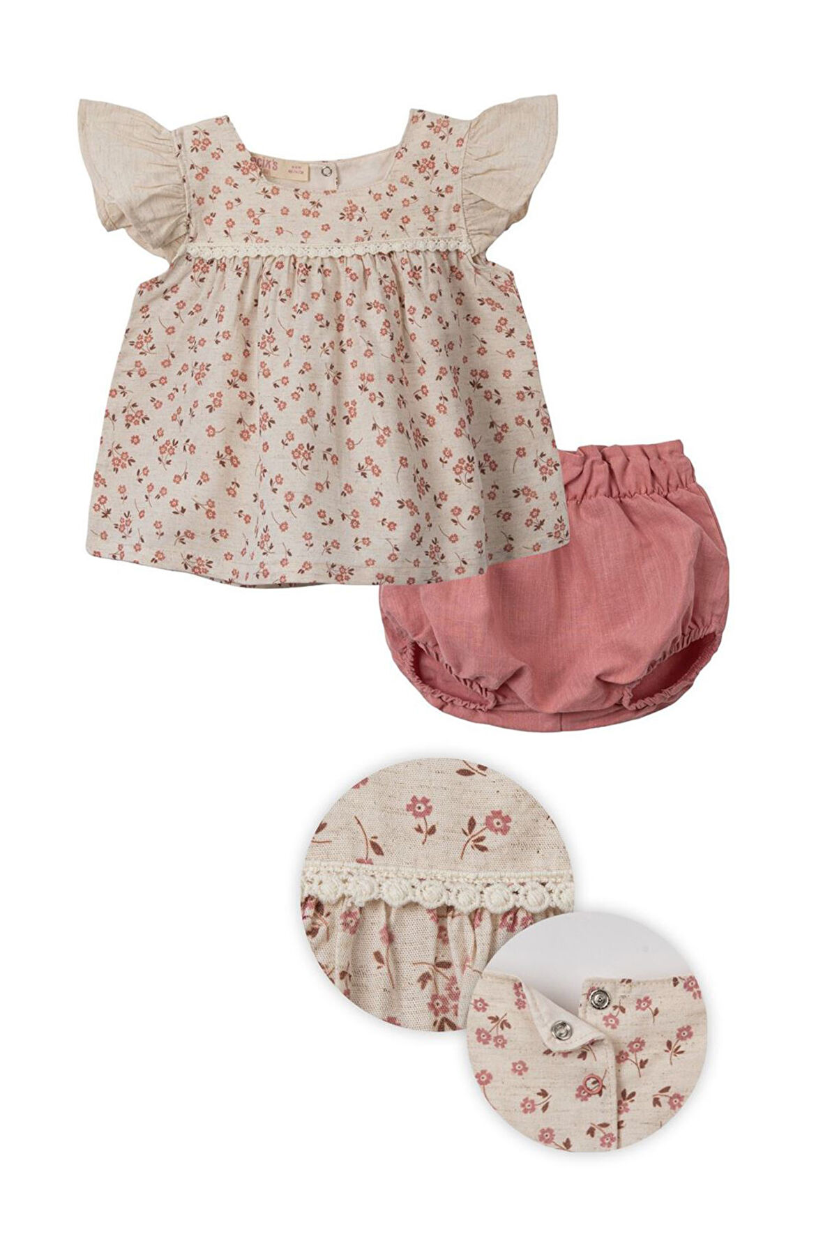 Miniğimin Cicileri Çiçek Desenli Fistolu Kız Bebek Takım - Gül Kurusu