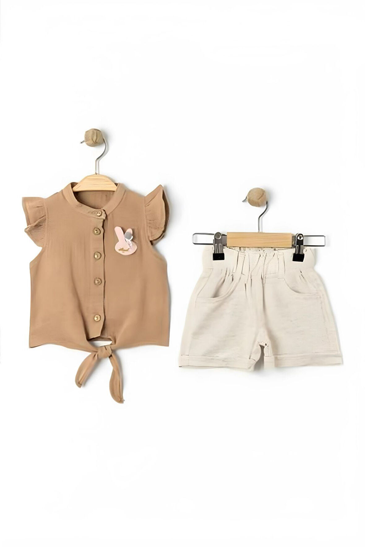 Miniğimin Cicileri Angels Bağlamalı Kız Çocuk Şortlu Takım - Kahve