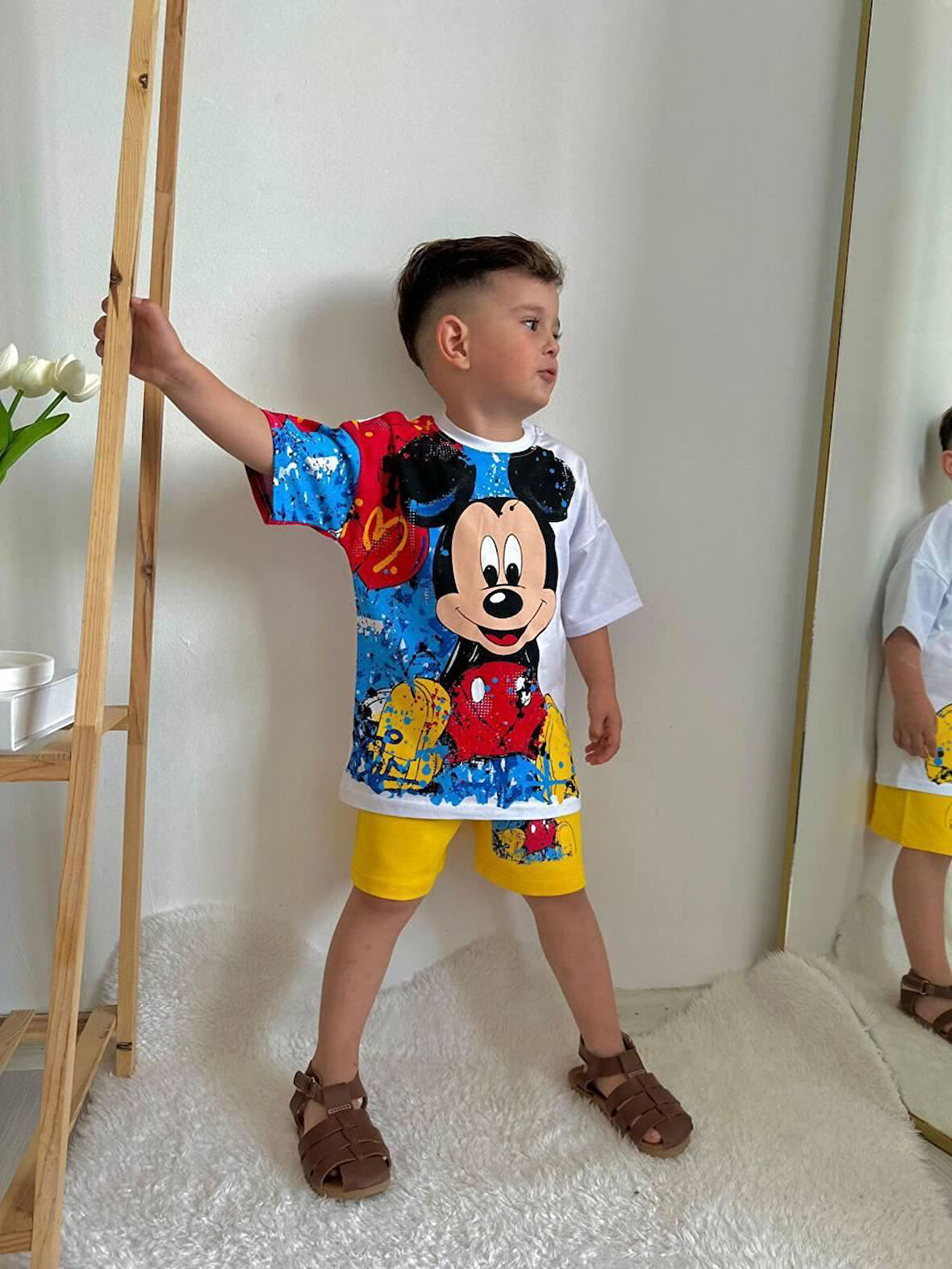 Mcky Boya Desen Yazlık Erkek Çocuk 2 li Takım - Beyaz