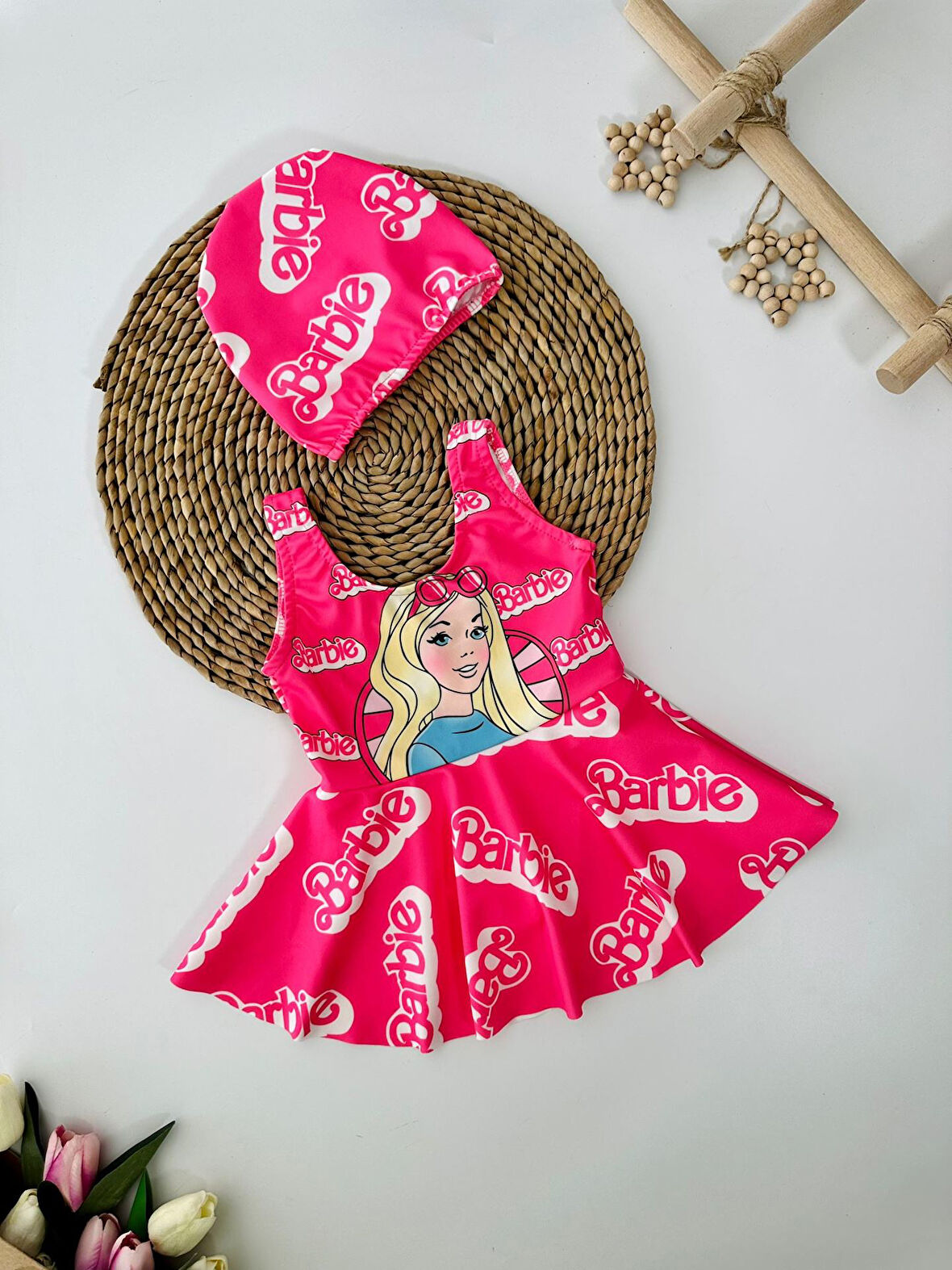 Miniğimin Cicileri Brb Desenli Etekli Kız Çocuk Mayo Bone Takımı - Pembe