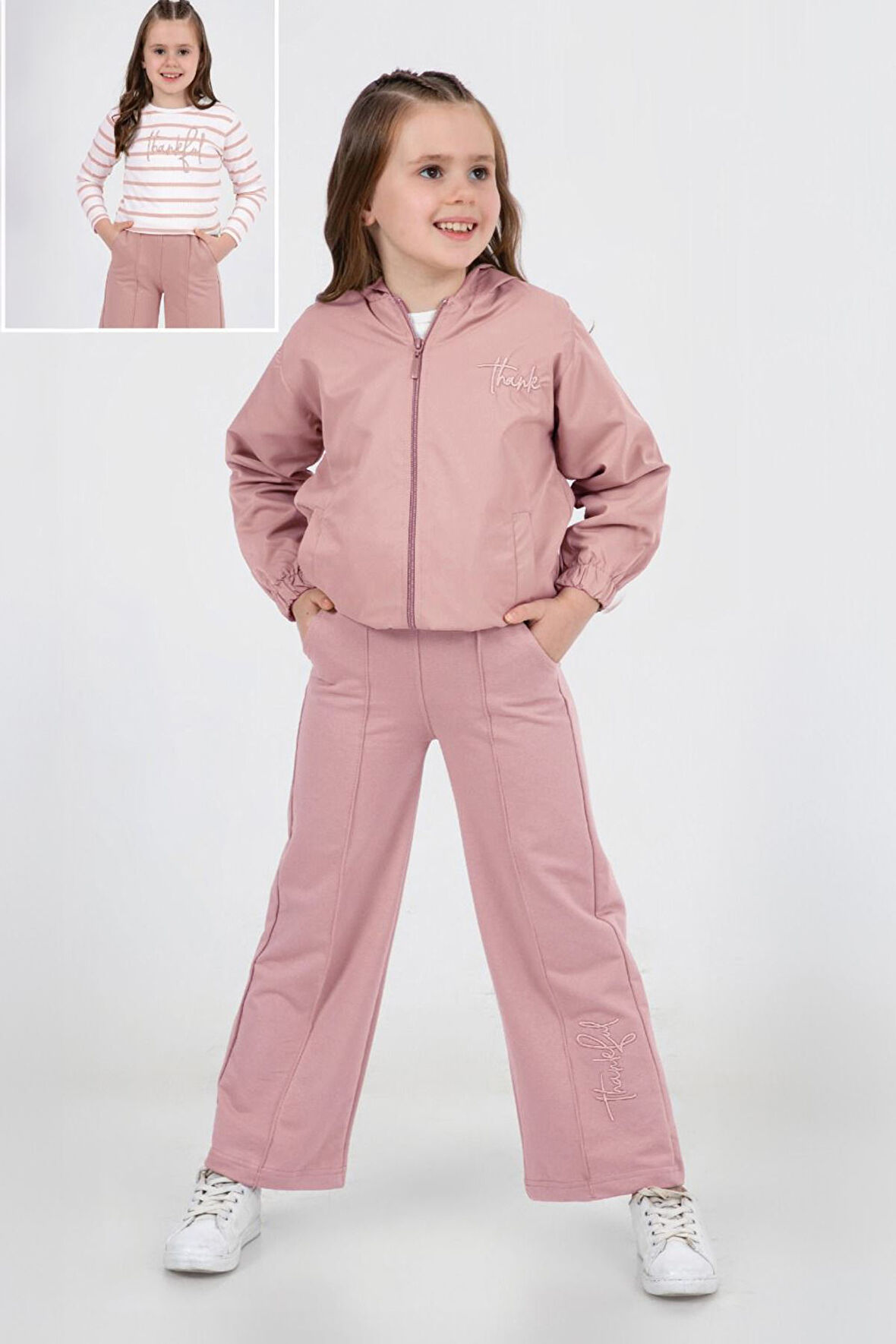 Miniğimin Cicileri Thank Nakışlı Yağmurluklu 3 lü Kapüşonlu Kız Çocuk Takım - Pembe - kopya - kopya