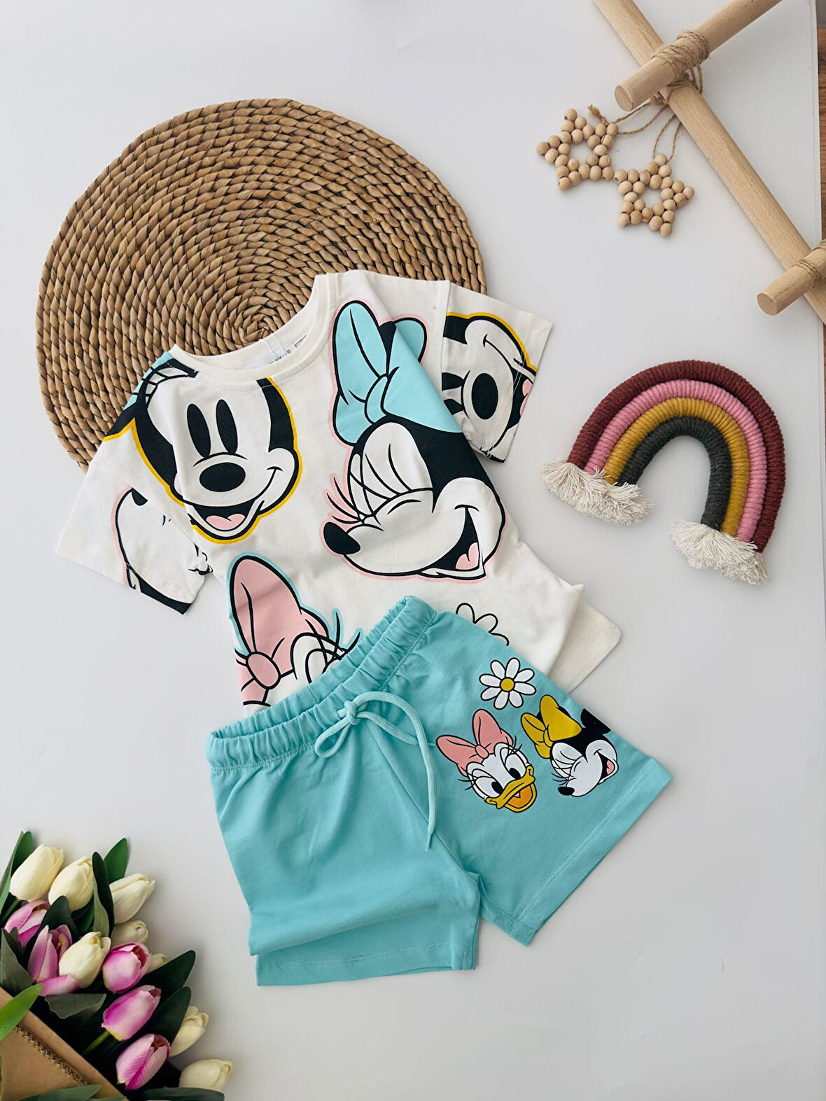 Miniğimin Cicileri Mnn Mcky Papatya Baskılı Şortlu Kız Çocuk Takım - Turkuaz
