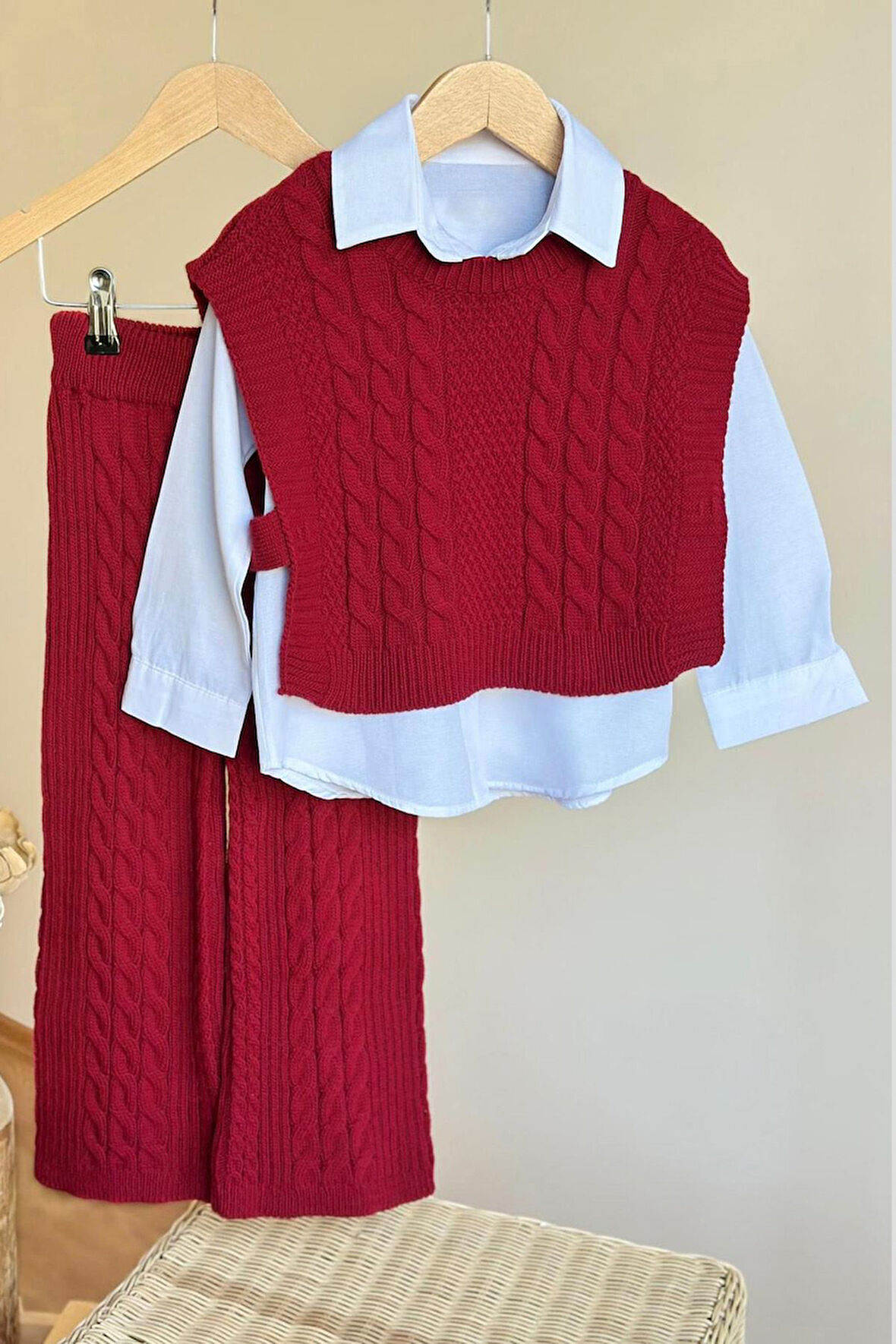 Miniğimin Cicileri Sarmal Çizgi Detaylı Gömlekli Bağlamalı 3 lü Triko Takım - Bordo