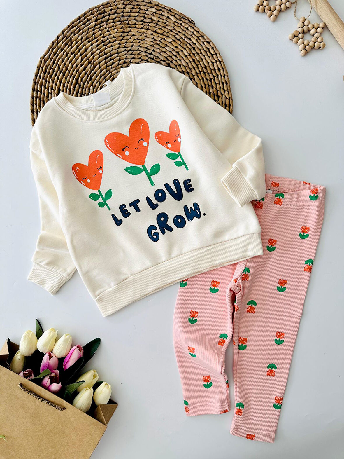 Miniğimin Cicileri Let Love Grow 2 li Taytlı Çocuk Takım - KremPembe