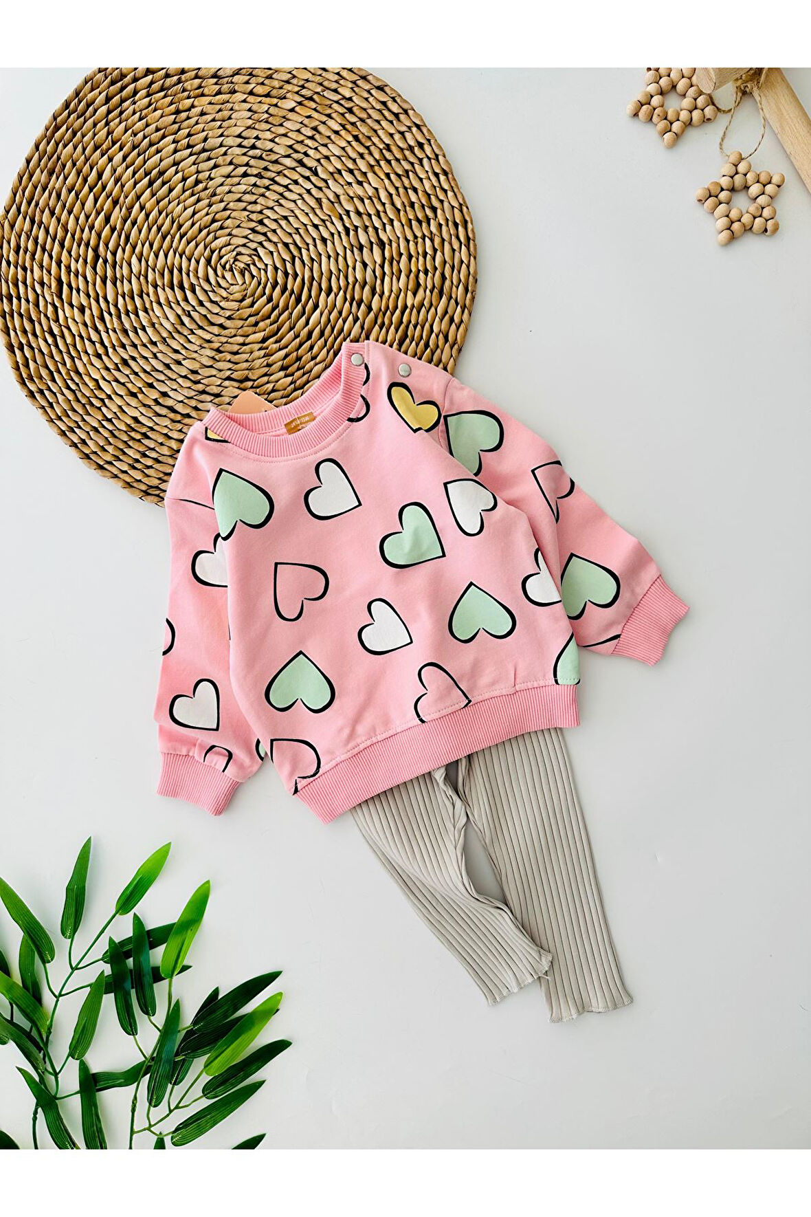 Miniğimin Cicileri Kalp Baskılı Taytlı Kız Bebe Takım - Pembe