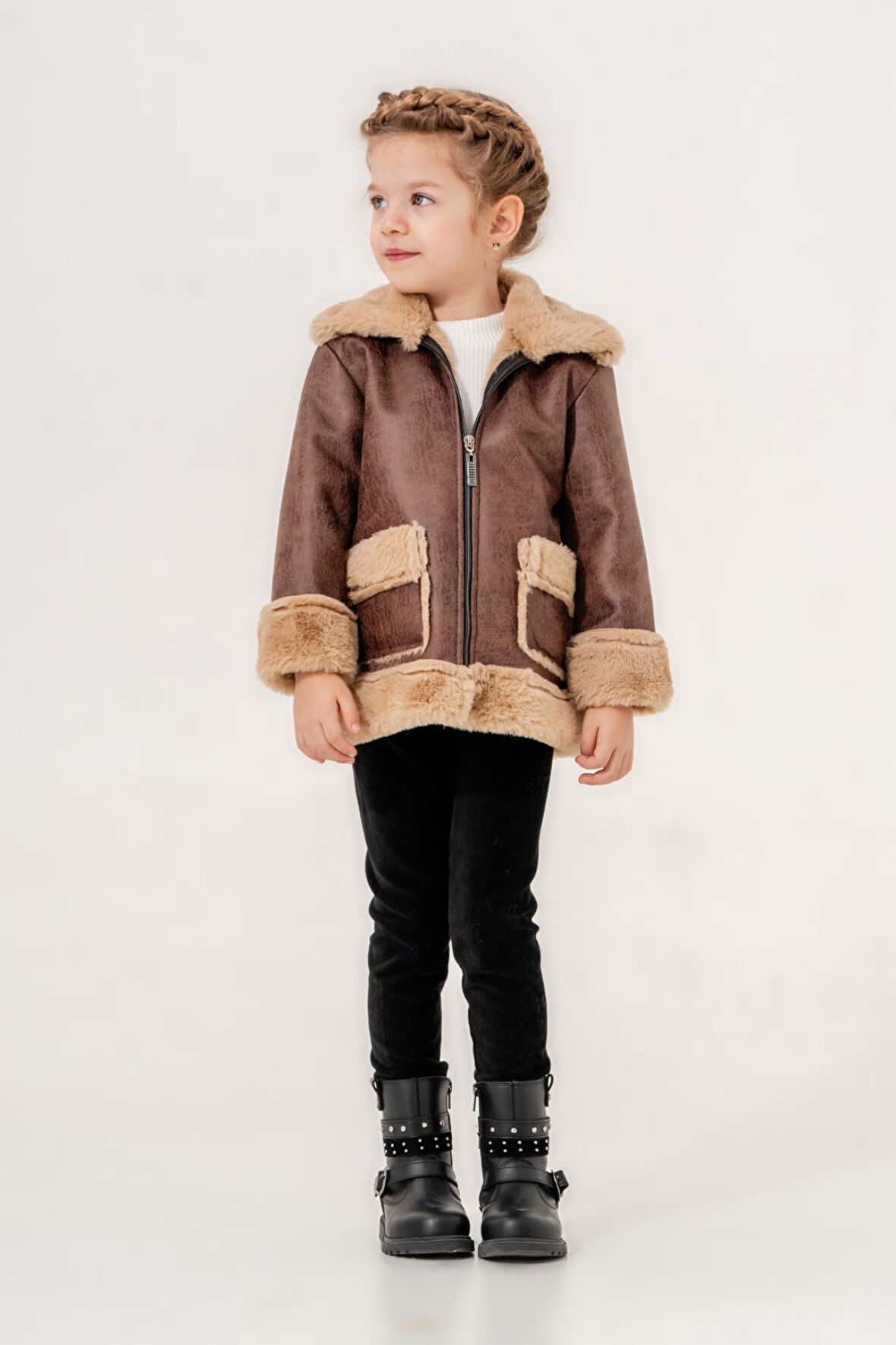 Miniğimin Cicileri İçi welsoft Deri Montlu Fermuarlı Kız Çocuk Takım - Kahve