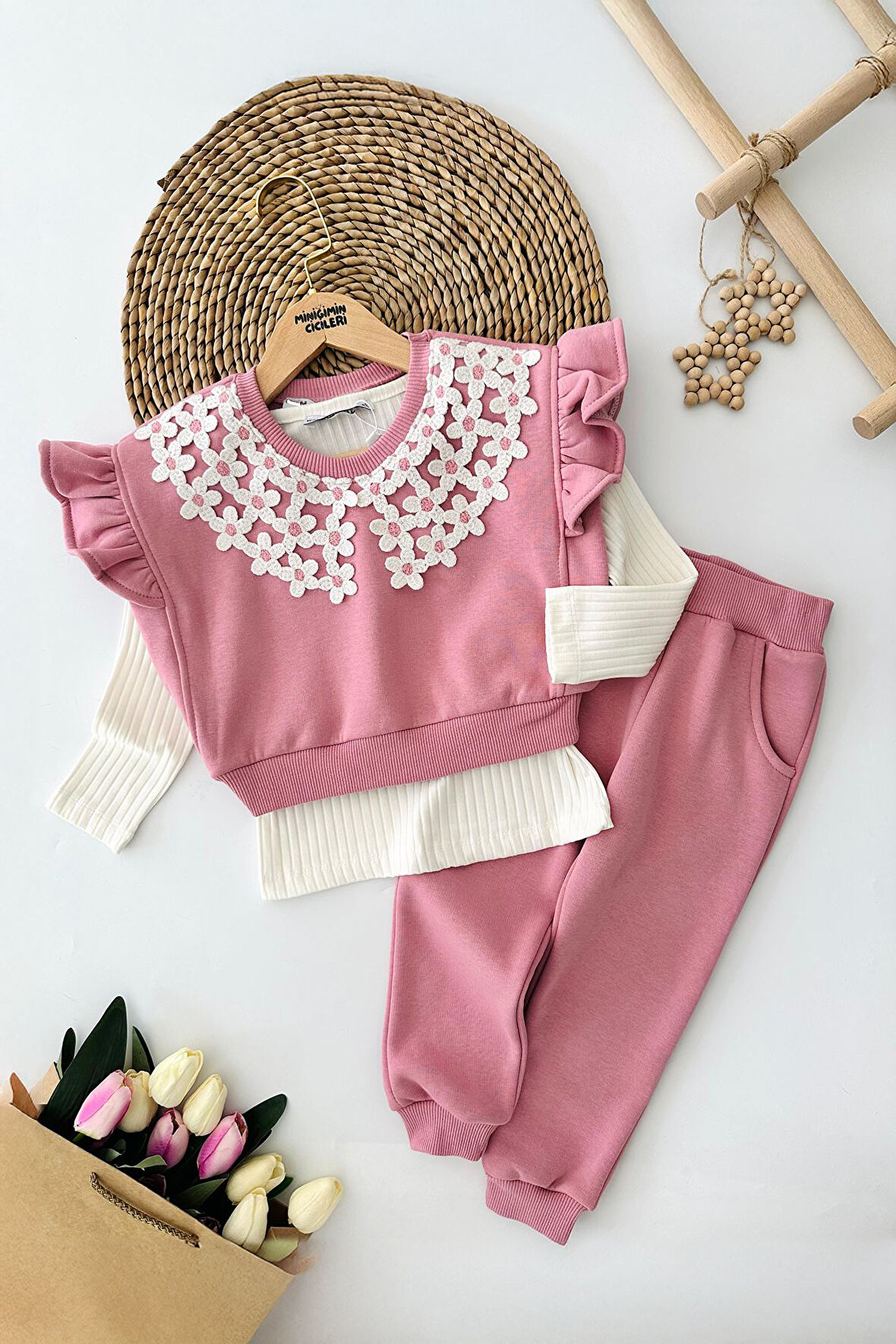 Miniğimin Cicileri Papatya Dantel Yaka Detaylı 3 lü Kız Çocuk Takım - Gül Kurusu