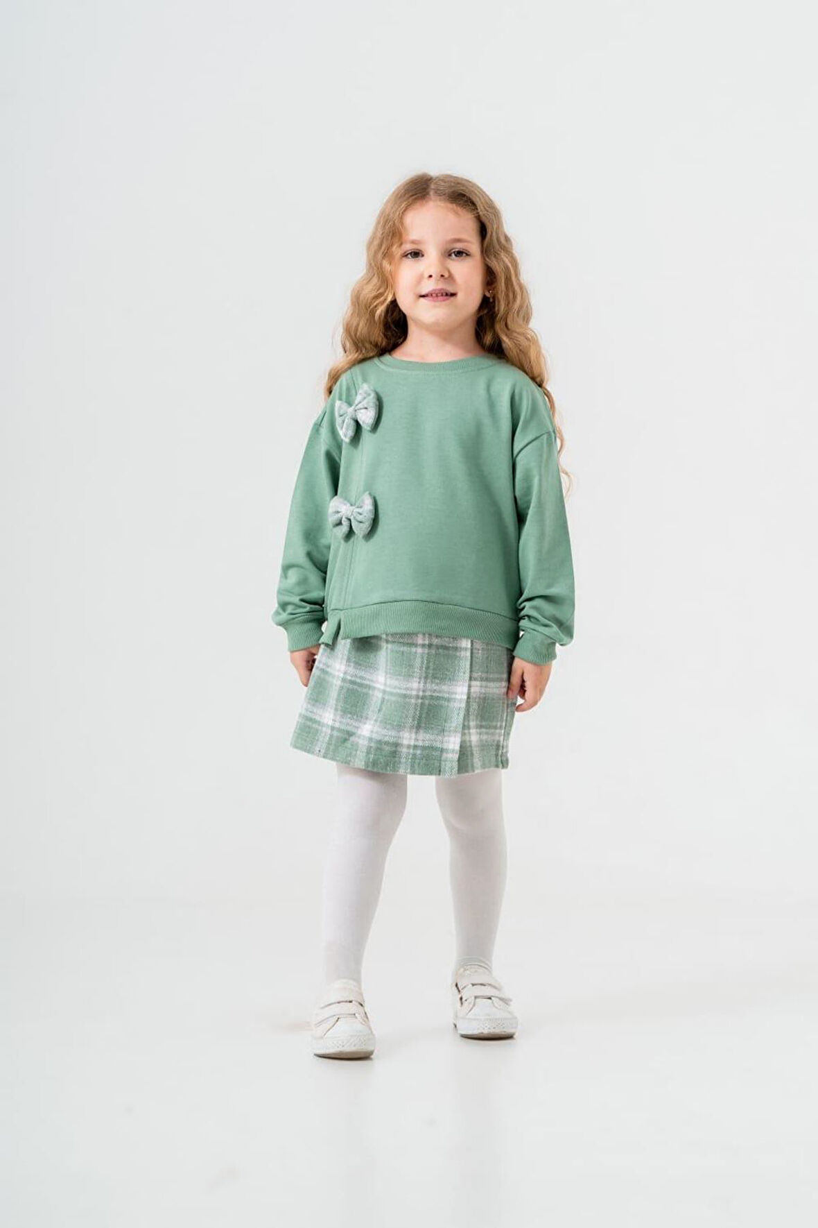 Miniğimin Cicileri Fiyonk Detaylı Ekose Şort Etekli Kız Çocuk Takım - Yeşil