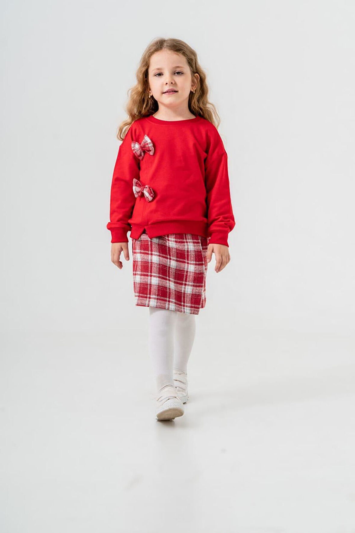 Miniğimin Cicileri Fiyonk Detaylı Ekose Şort Etekli Kız Çocuk Takım - Kırmızı