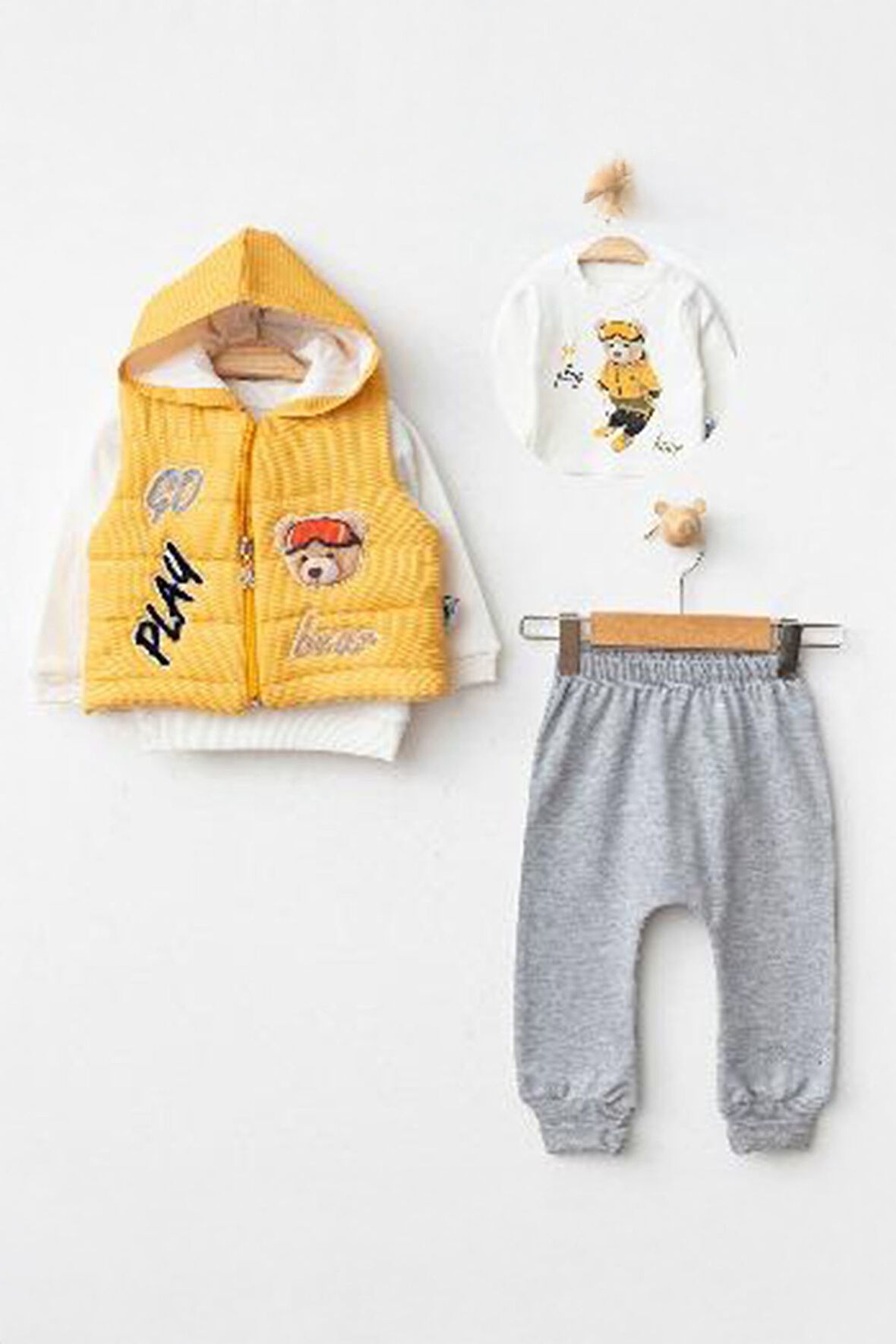 Miniğimin Cicileri (6-12 Ay) Bear Yelekli Erkek Bebek 3 lü Takım - Sarı