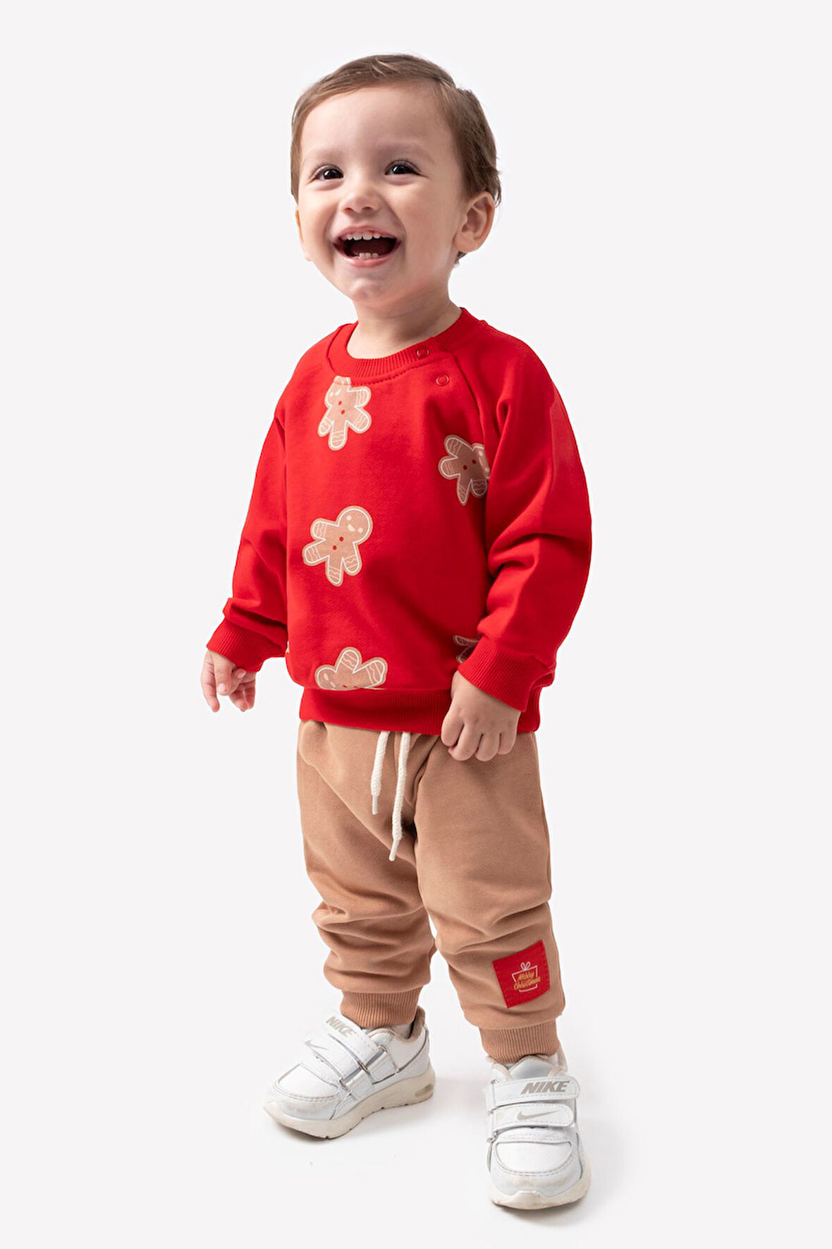 Miniğimin Cicileri (6-18 Ay) Bisküvi Baskılı Yeni Yıl Şardonsuz Üç İp Erkek Bebek Takım - Kırmızı-C