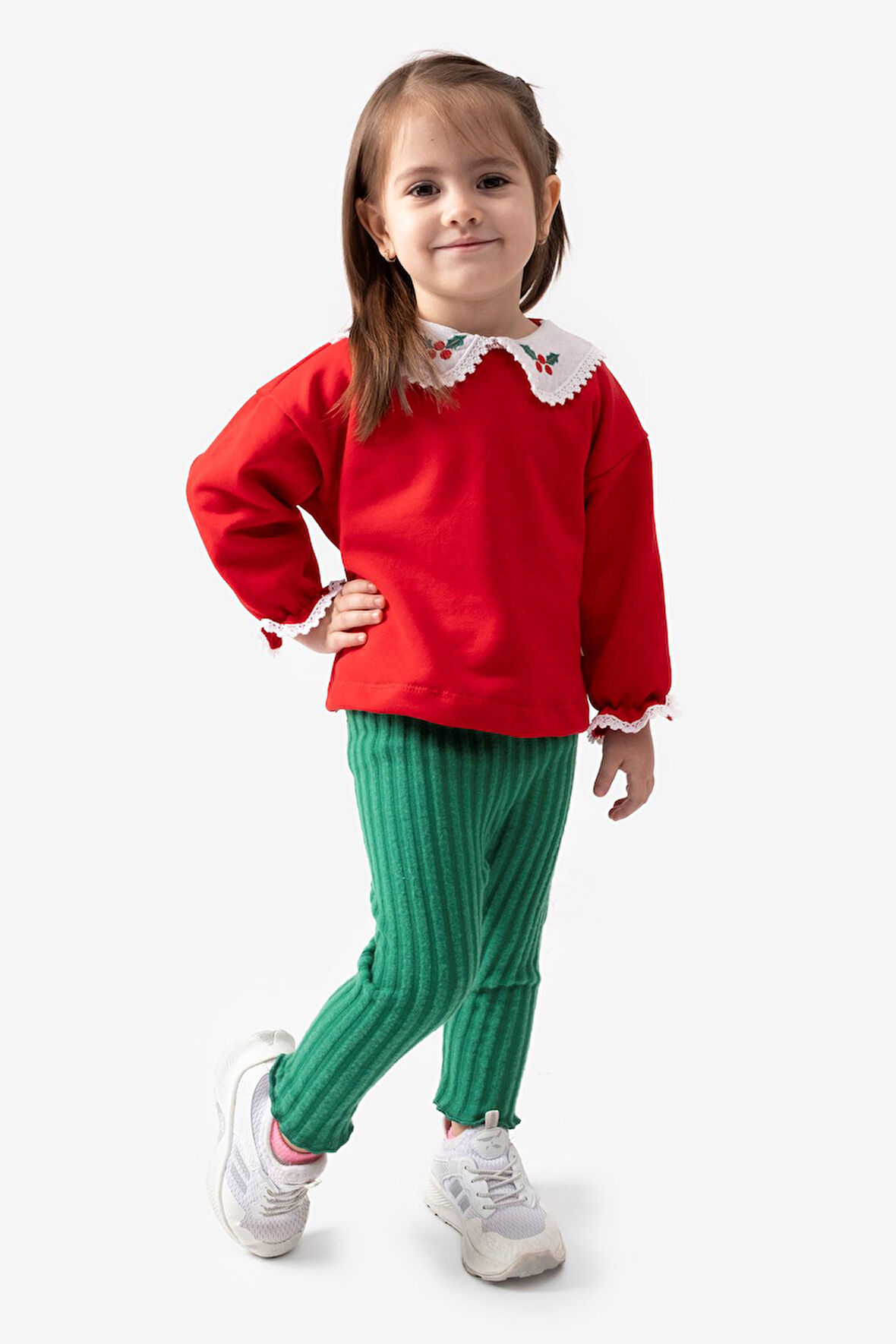 Miniğimin Cicileri (6-18 Ay) Yaka ve Kol Ucu Detaylı Yeni Yıl Kız Bebek Takım - Kırmızı-Yeşil