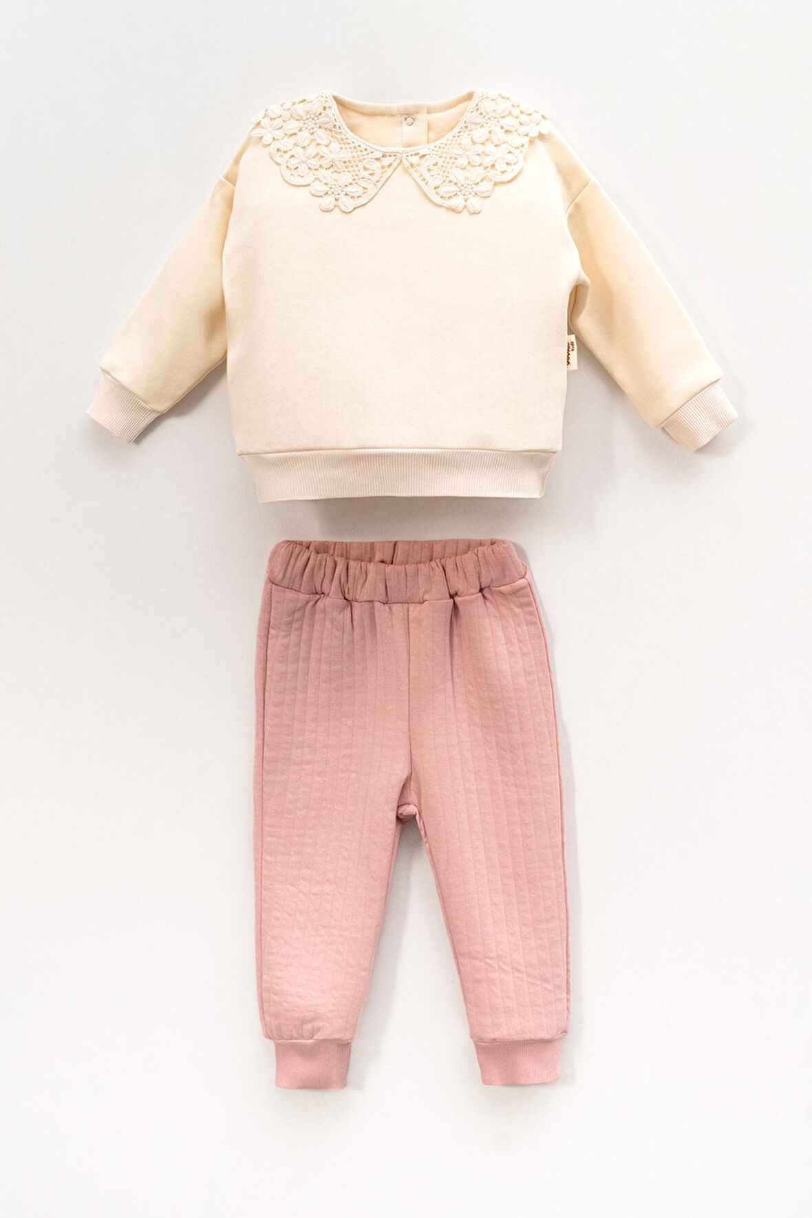 Miniğimin Cicileri (6-18 Ay) Güpür Yaka Üç İp Kız Bebek Takım - Pudra