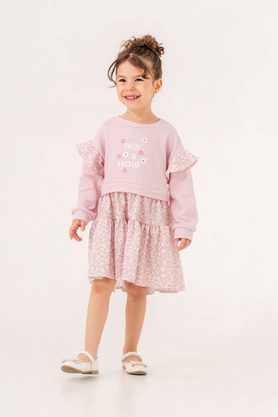 Miniğimin Cicileri (2-5 Yaş) Prety Çiçekli Kız Çocuk Elbise - Pudra - kopya